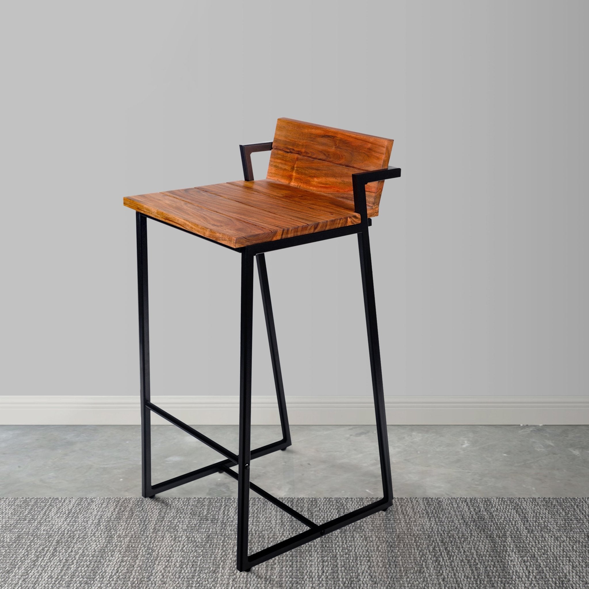 35 Inch Industrial Style Acacia Wood Barstool with Metal Frame, Brown and Black - Tuesday Morning - Table & Bar Stools