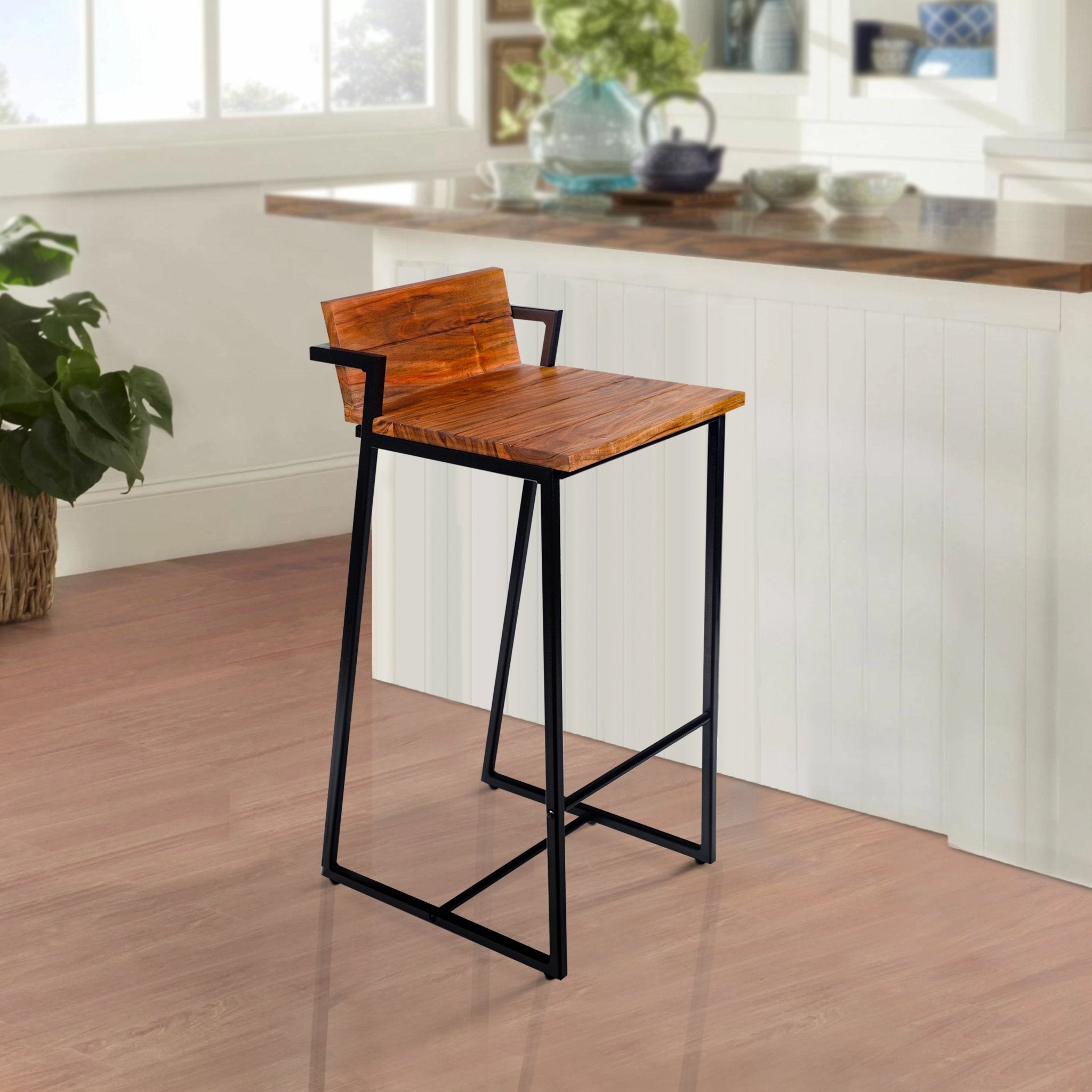 35 Inch Industrial Style Acacia Wood Barstool with Metal Frame, Brown and Black - Tuesday Morning - Table & Bar Stools