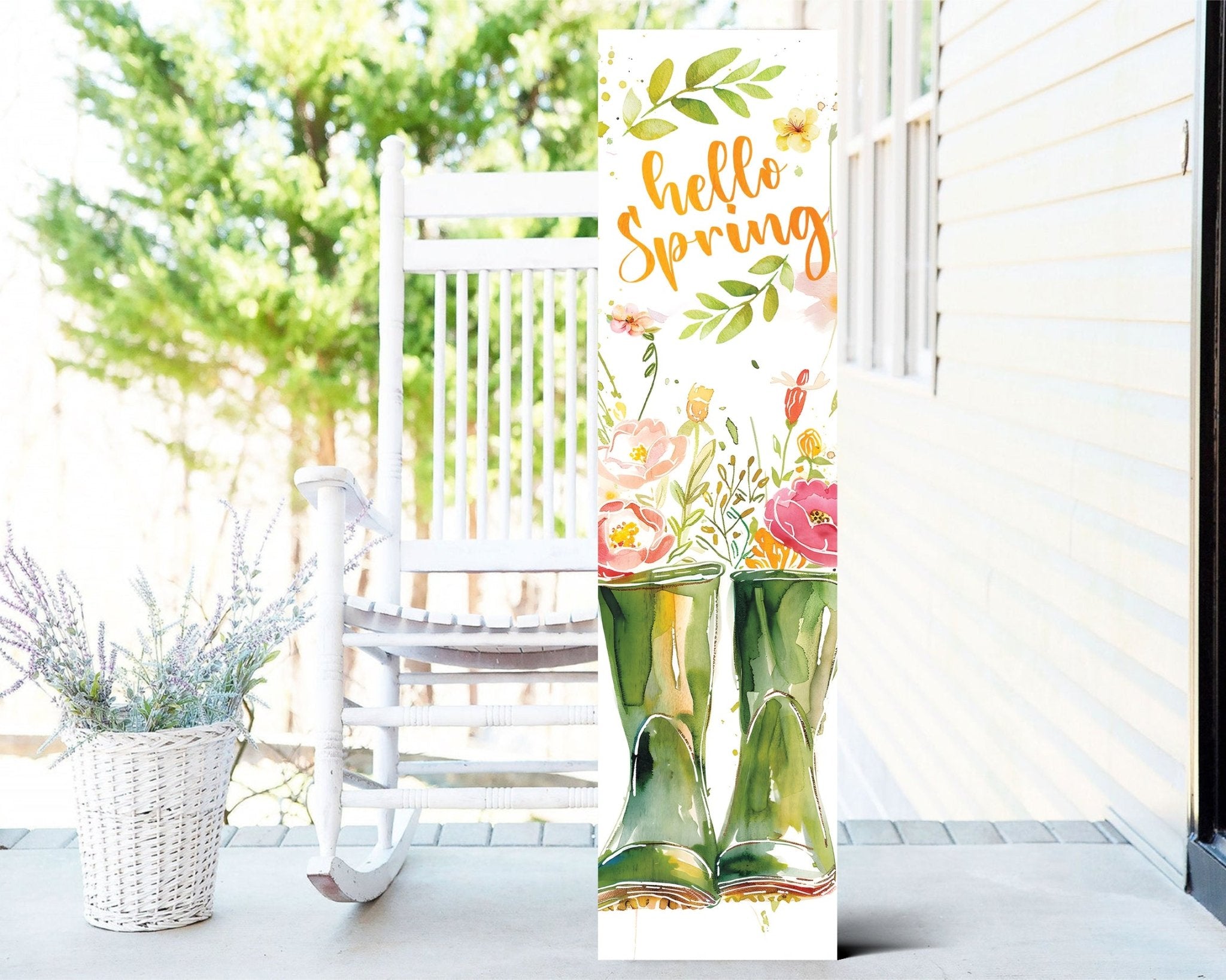 36 - Inch 'Hello Spring' Wooden Porch Sign with Rain Boot & Floral Design - Tuesday Morning - Front Porch Decor