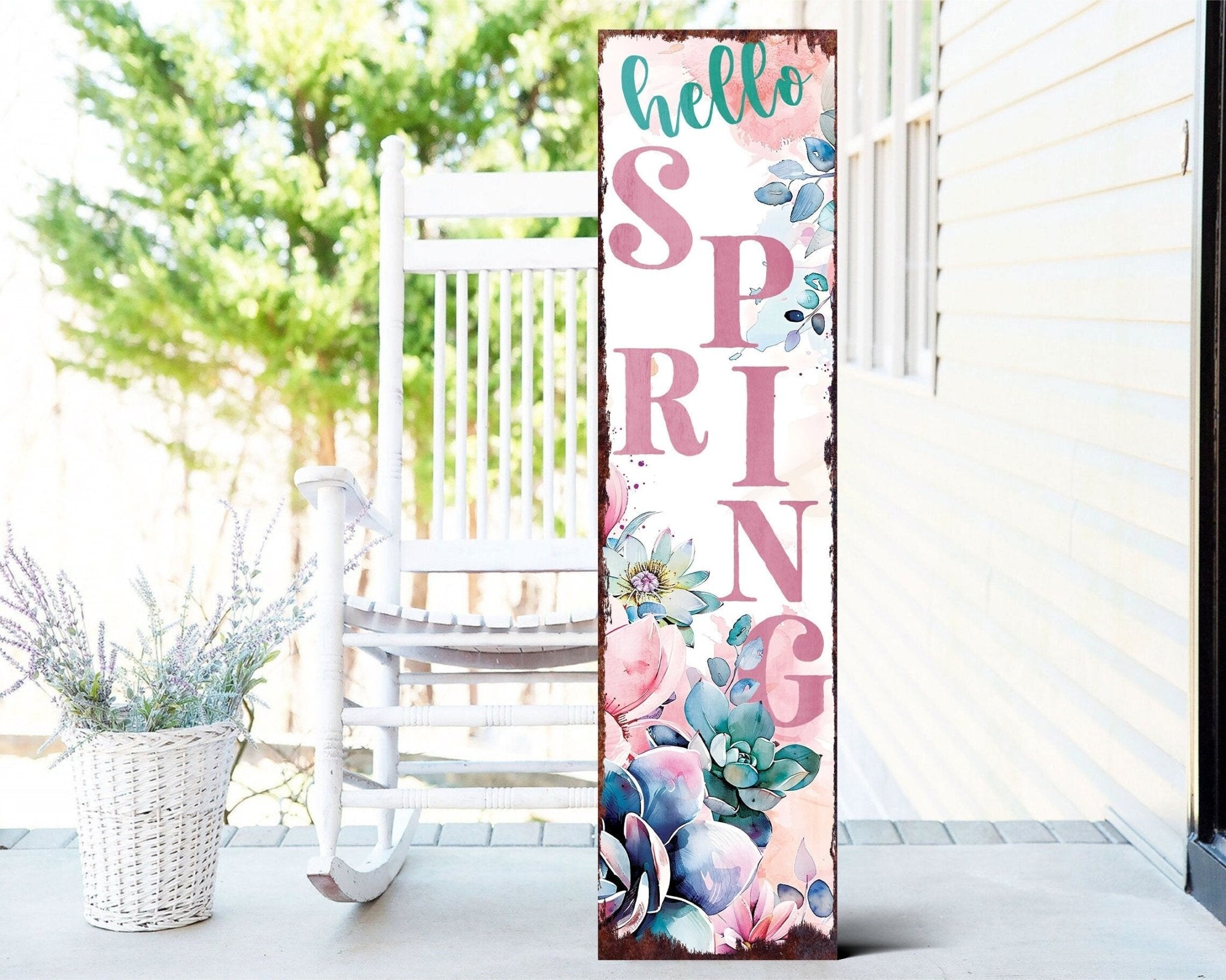 36 - Inch 'Hello Spring' Wooden Porch Sign with Succulent Design - Tuesday Morning - Front Porch Decor