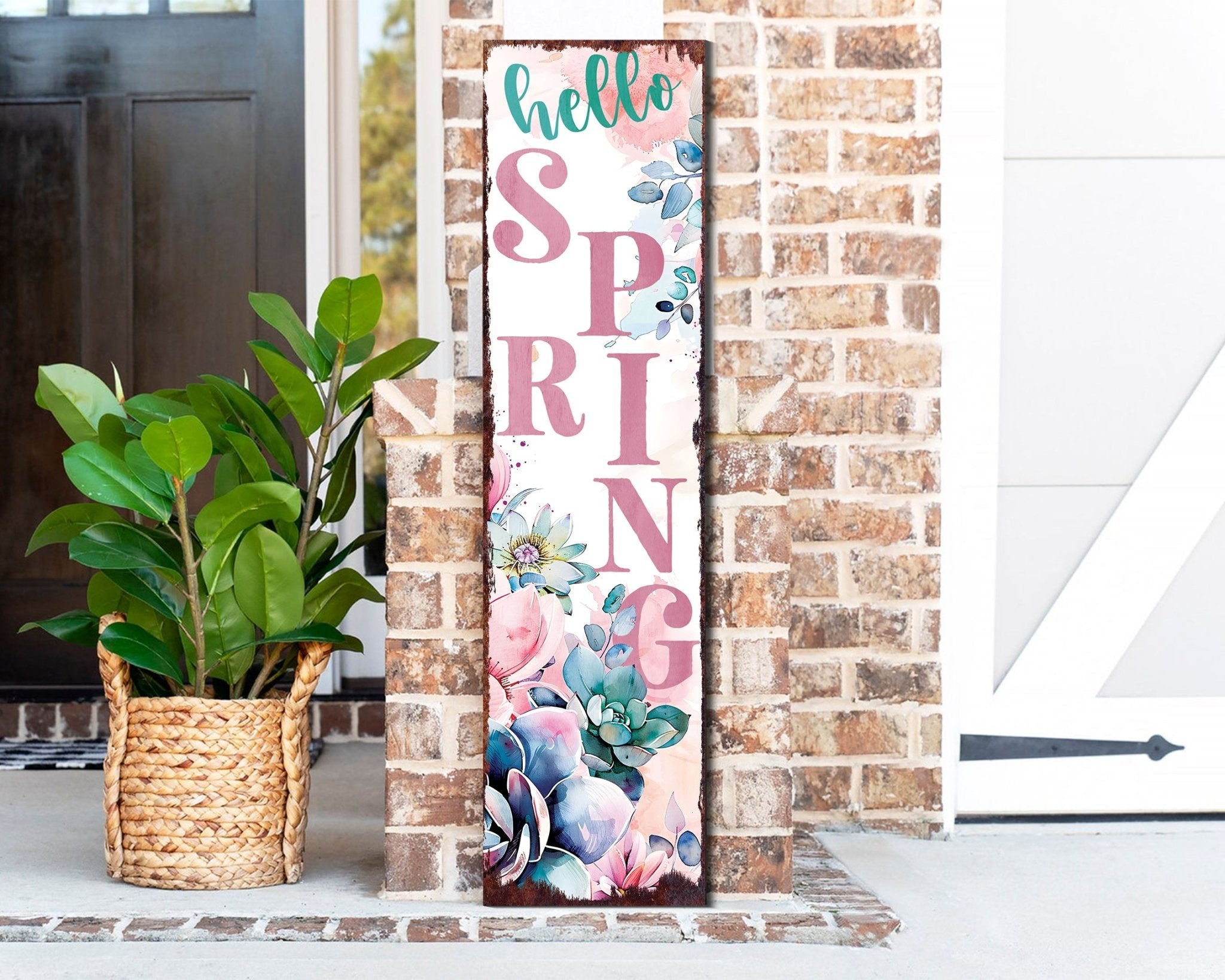 36 - Inch 'Hello Spring' Wooden Porch Sign with Succulent Design - Tuesday Morning - Front Porch Decor