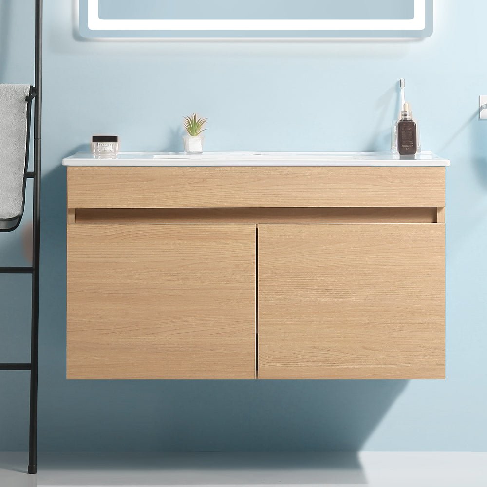 36 Inch Wall Mounted Bathroom Vanity with White Ceramic Basin,Two Soft Close Cabinet Doors, Solid Wood,Excluding faucets,Light Oak - Tuesday Morning - Bathroom Vanities