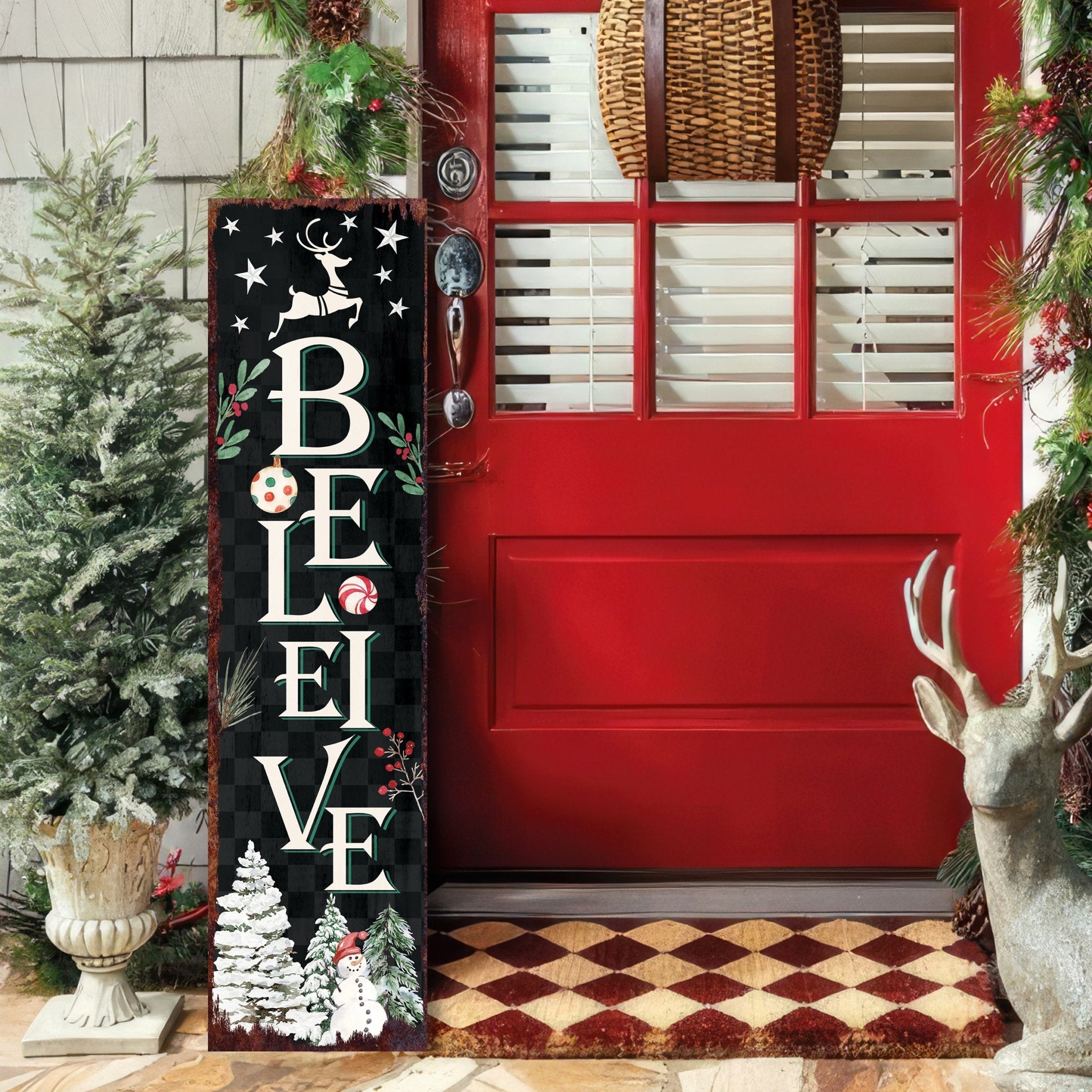 36in Believe Christmas Sign for Front Porch - Vintage Christmas Decoration, Rustic Modern Farmhouse Entryway Snowman Decor for Front Door - Tuesday Morning - Wall Signs