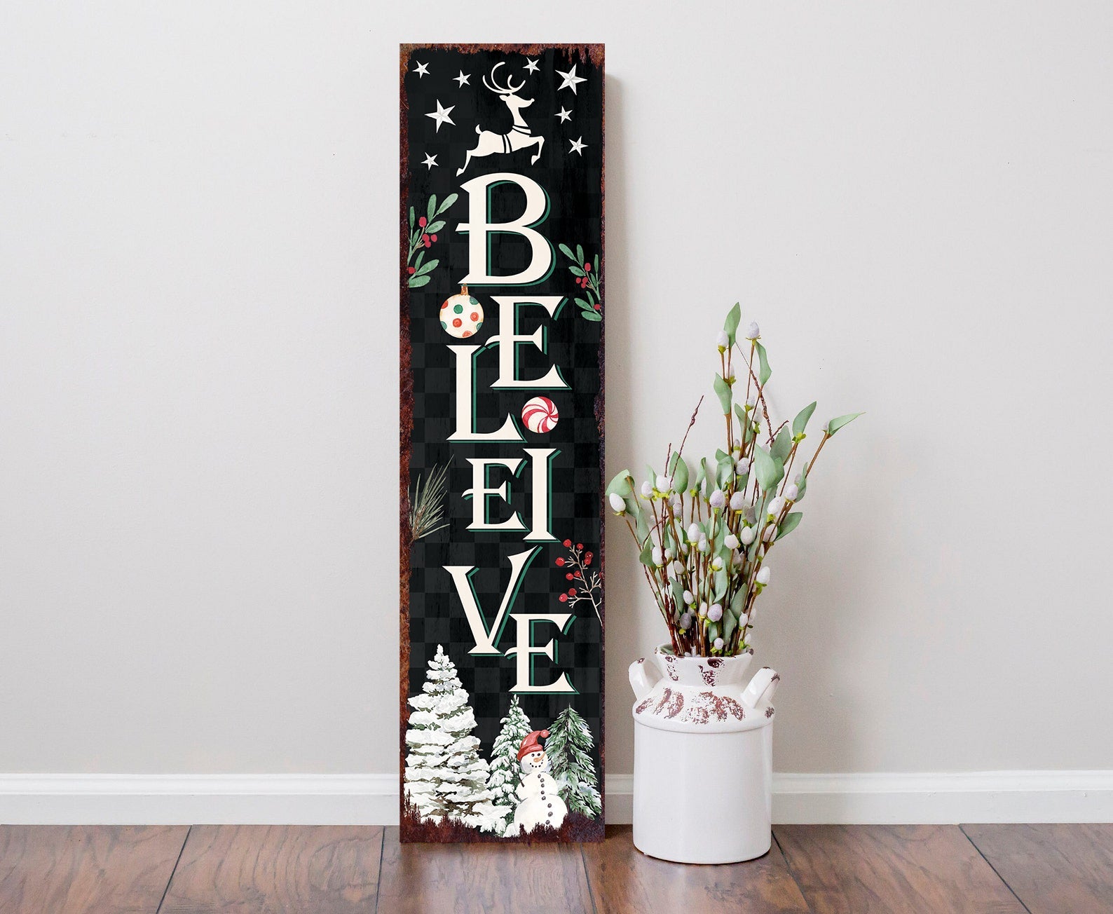 36in Believe Christmas Sign for Front Porch - Vintage Christmas Decoration, Rustic Modern Farmhouse Entryway Snowman Decor for Front Door - Tuesday Morning - Wall Signs