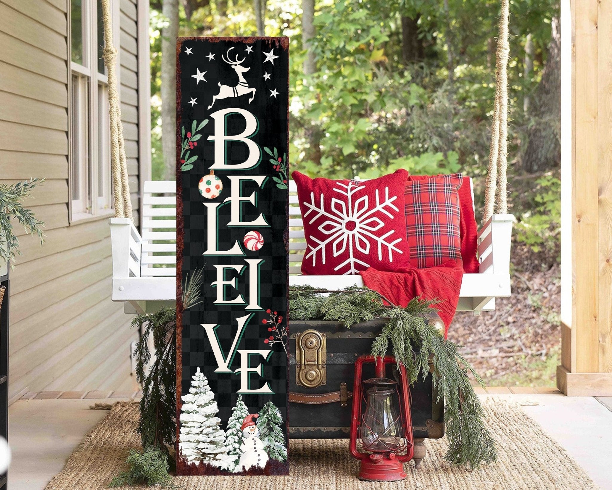 36in Believe Christmas Sign for Front Porch - Vintage Christmas Decoration, Rustic Modern Farmhouse Entryway Snowman Decor for Front Door - Tuesday Morning - Wall Signs