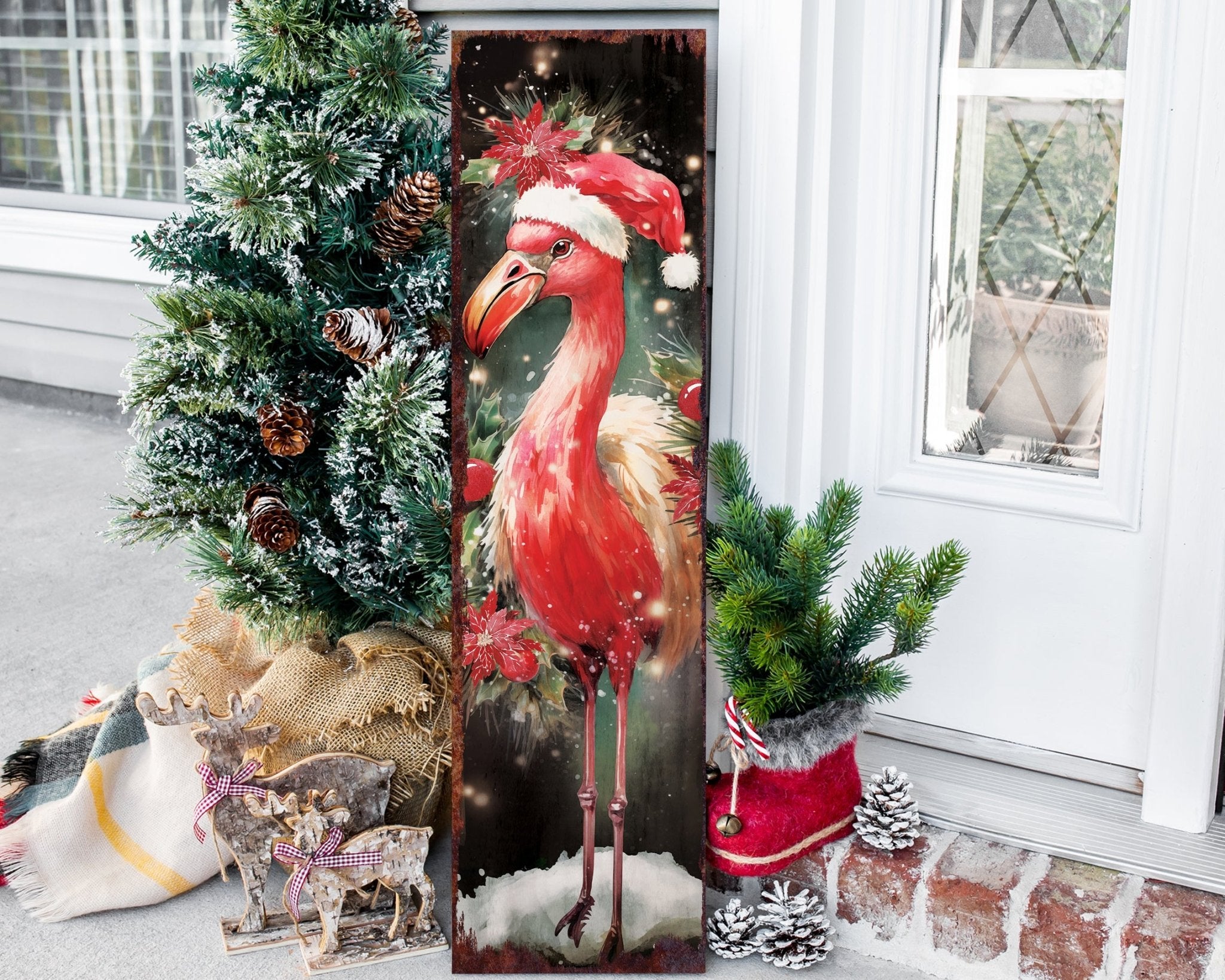 36in Flamingo Merry Christmas Porch Sign - Front Porch Welcome Sign, Modern Farmhouse Wall Decor, Vintage Christmas Decor for Outdoor - Tuesday Morning - Wall Signs