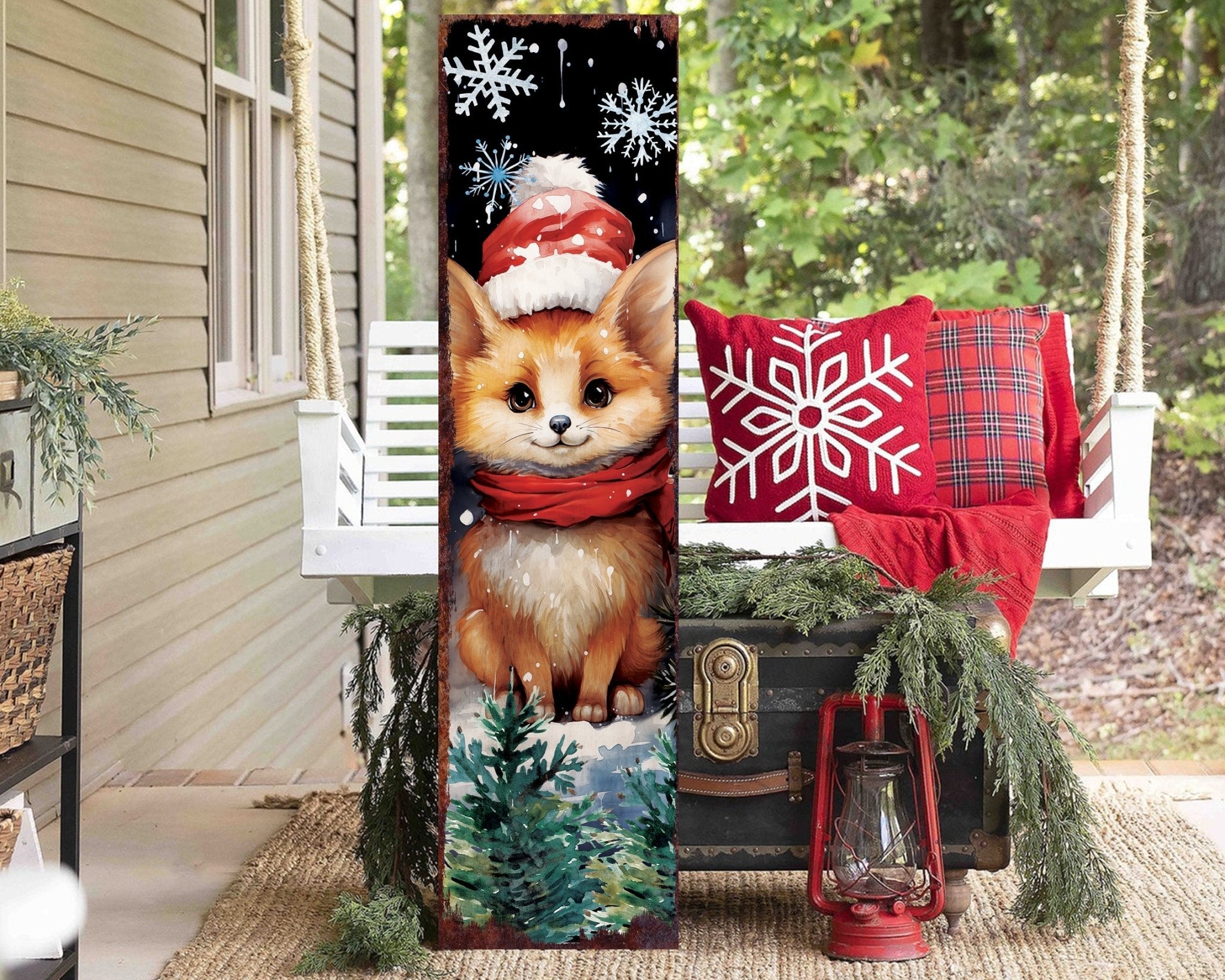 36in Fox Christmas Porch Sign - Front Porch Welcome Sign, Modern Farmhouse Wall Decor, Vintage Christmas Decor for Outdoor - Tuesday Morning - Wall Signs