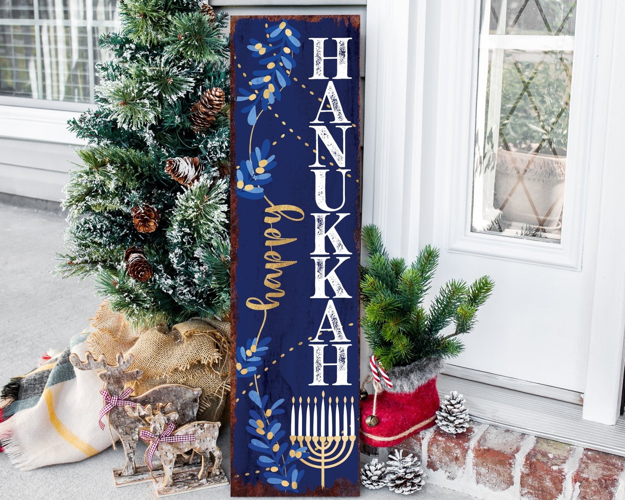 36in Happy Hanukkah Porch Sign - Front Porch Welcome Sign, Modern Farmhouse Home Decor, Rustic Vintage Hanukkah Decor for Outdoor - Tuesday Morning - Wall Signs