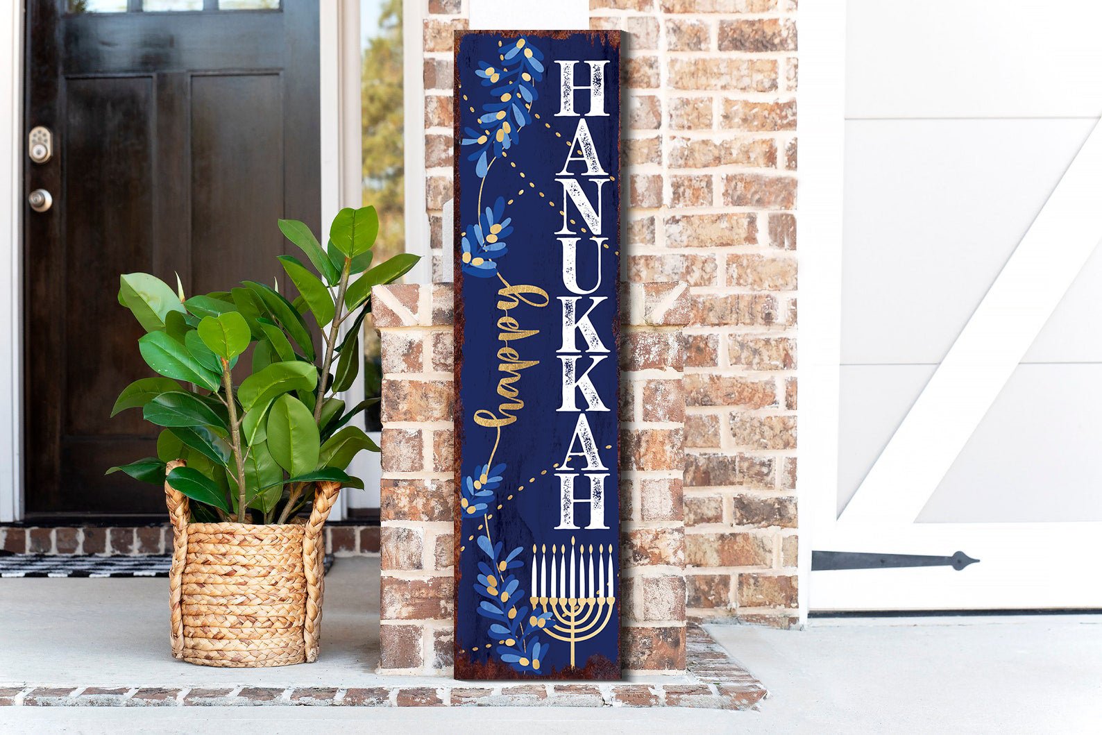 36in Happy Hanukkah Porch Sign - Front Porch Welcome Sign, Modern Farmhouse Home Decor, Rustic Vintage Hanukkah Decor for Outdoor - Tuesday Morning - Wall Signs