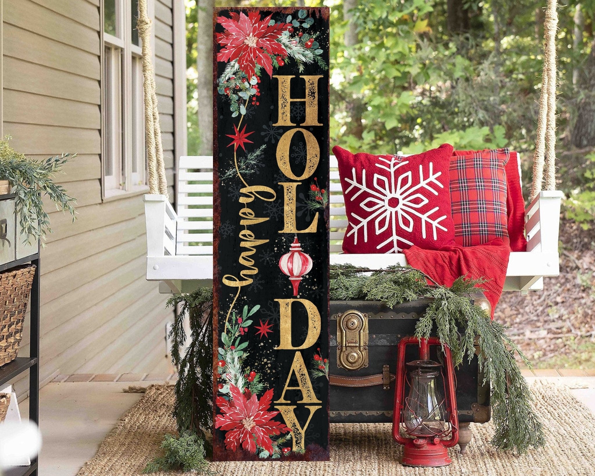 36in Happy Holiday Christmas Sign for Front Porch - Vintage Christmas Decoration, - Tuesday Morning - Wall Signs