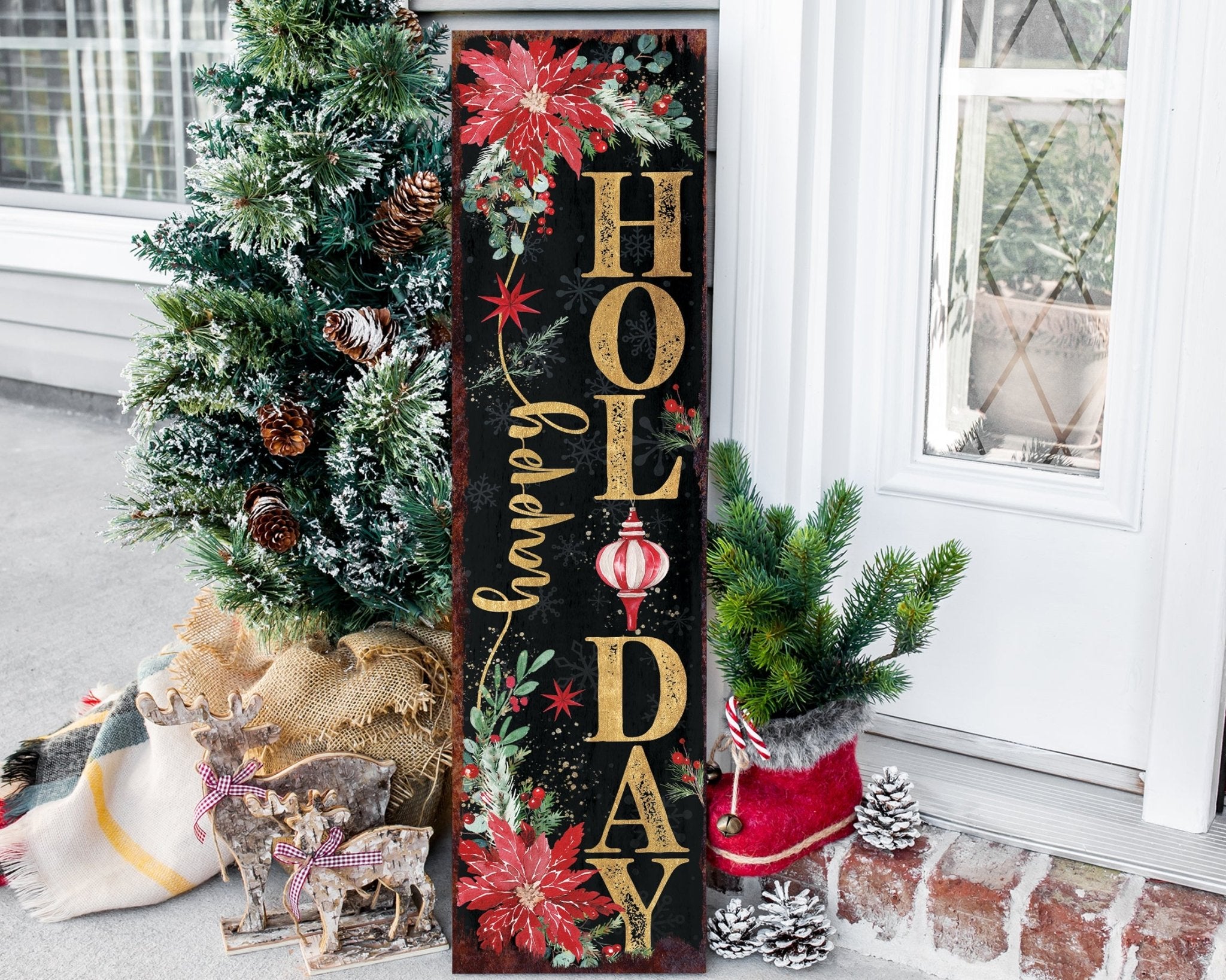 36in Happy Holiday Christmas Sign for Front Porch - Vintage Christmas Decoration, - Tuesday Morning - Wall Signs