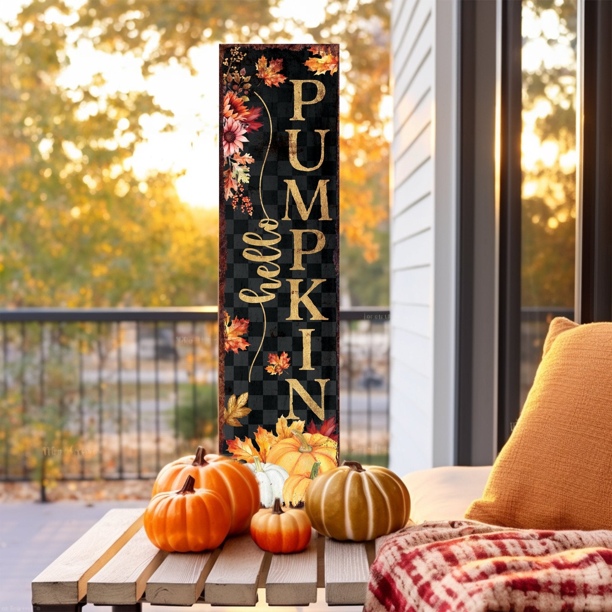 36in Hello Pumpkin Fall Sign - Vintage Autumn Decoration for Front Porch - Tuesday Morning - Wall Signs