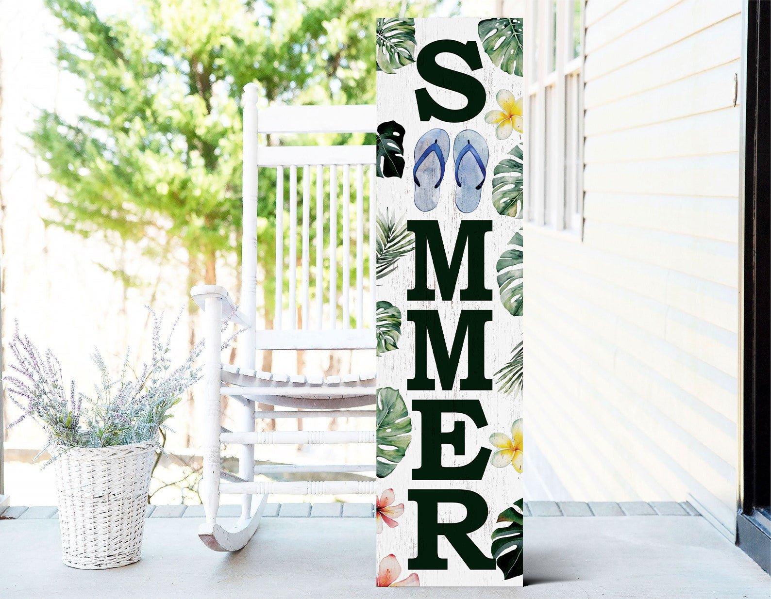 36in Tropical Summer Porch Sign with Palm Leaf & Slippers Pattern for Front Door, Wooden 36 - inch Beach - Themed Entryway Decor - Tuesday Morning - Wall Signs