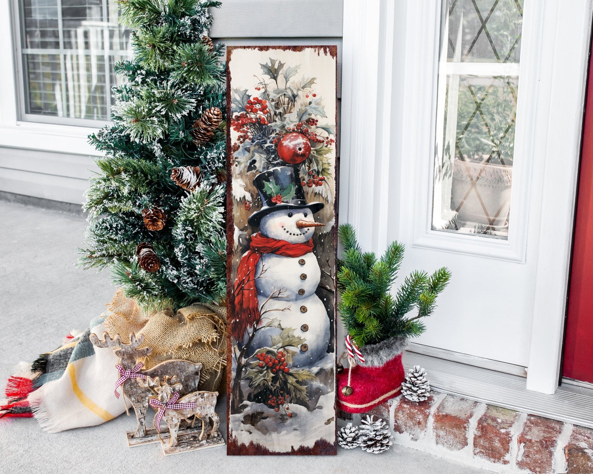 36in Vintage Christmas Snowman Porch Sign - Front Porch Christmas Welcome Sign,Vintage Christmas Decor, Modern Farmhouse Entryway Board for - Tuesday Morning - Wall Signs