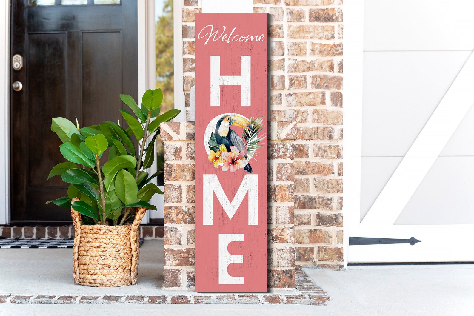 36in Welcome Home Porch Sign with Ramphastidae Pattern - Front Door Tropical Wooden Wall Decor, Outdoor Summer Jungle Vibes Display - Tuesday Morning - Wall Signs