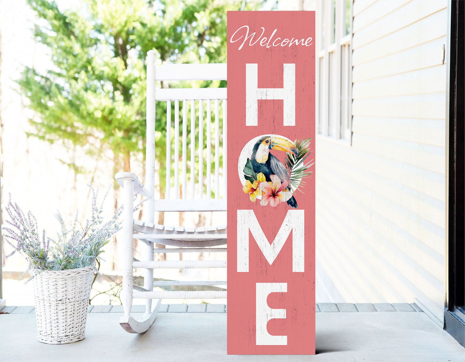 36in Welcome Home Porch Sign with Ramphastidae Pattern - Front Door Tropical Wooden Wall Decor, Outdoor Summer Jungle Vibes Display - Tuesday Morning - Wall Signs