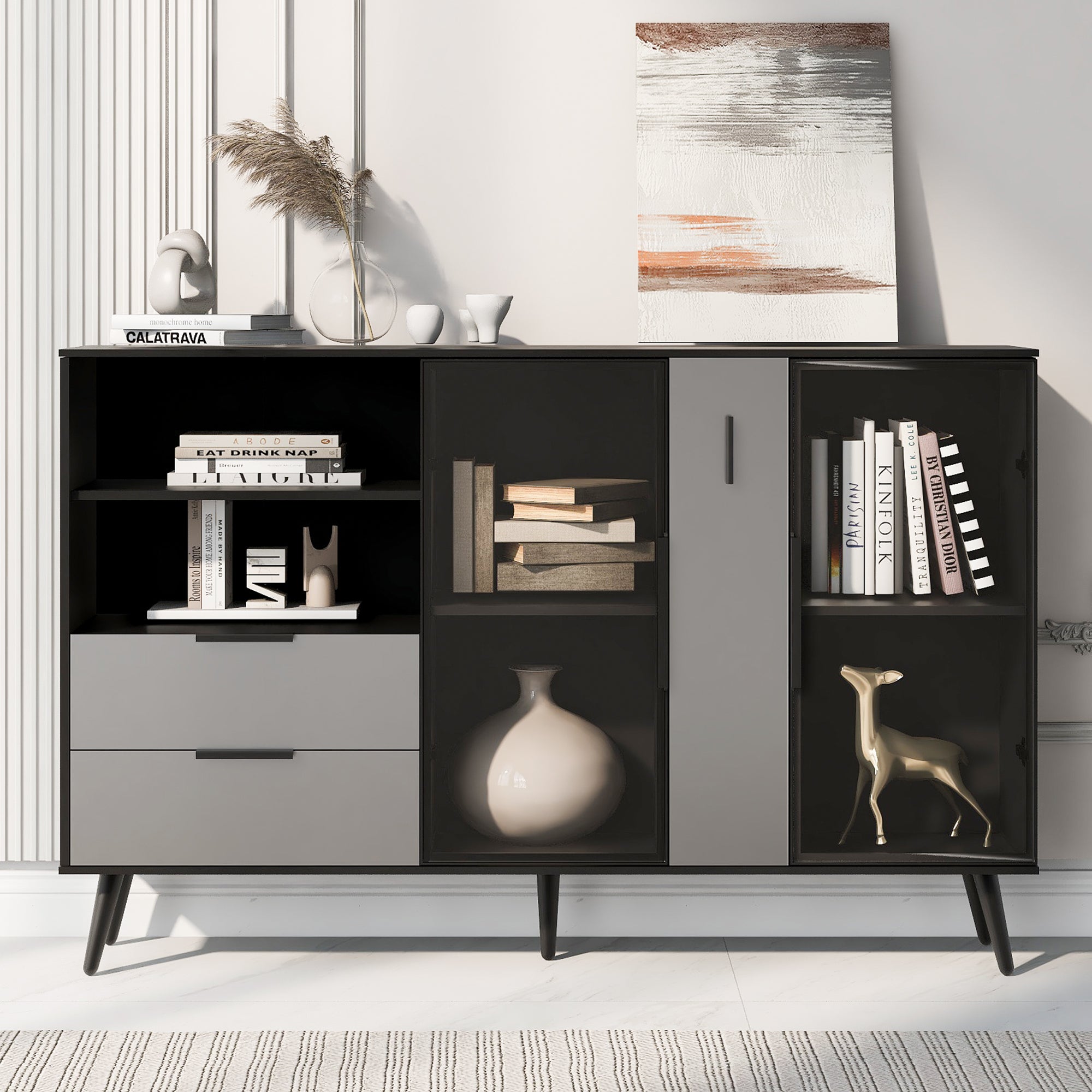 U_STYLE-Featured-Two-door-Storage-Cabinet-with-Two-Drawers-and-Metal-Handles,-Suitable-for-Corridors,-Entrances,-Living-rooms.-