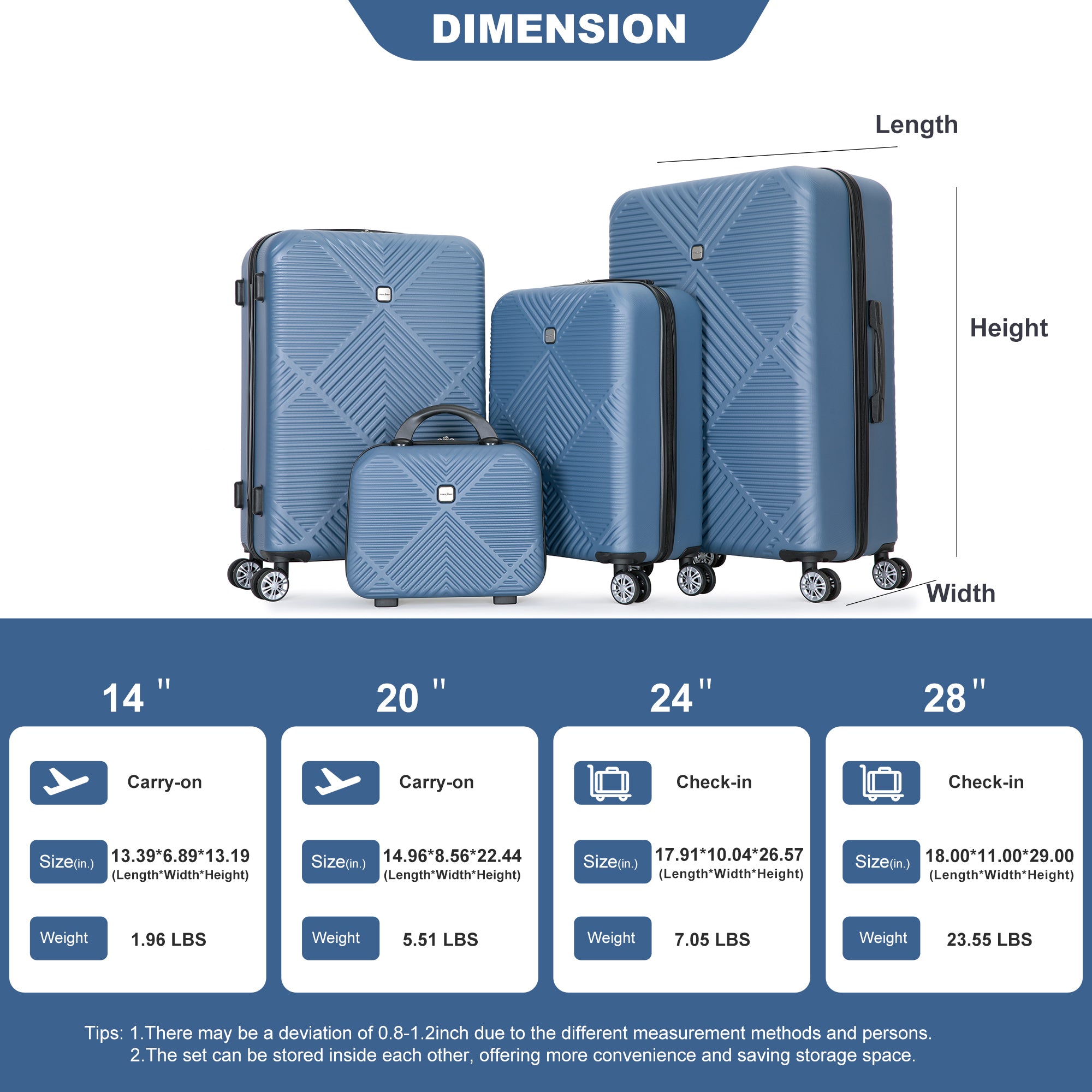 4 - piece ABS lightweight suitcase, 14 inch makeup box, aircraft wheels (14/20/24/28) BLUE - Tuesday Morning - Luggage & Bags