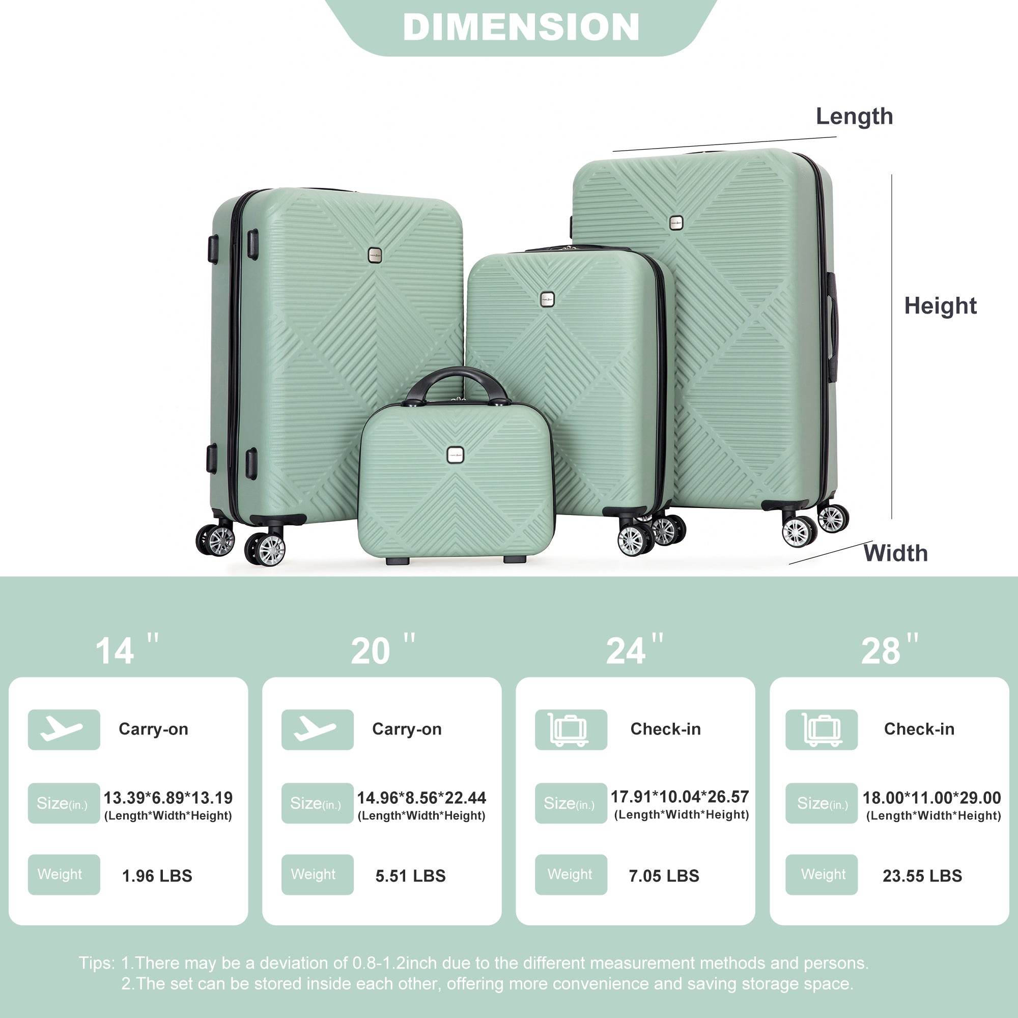 4 - piece ABS lightweight suitcase, 14 inch makeup box, aircraft wheels (14/20/24/28) OLIVE GREEN - Tuesday Morning - Luggage & Bags