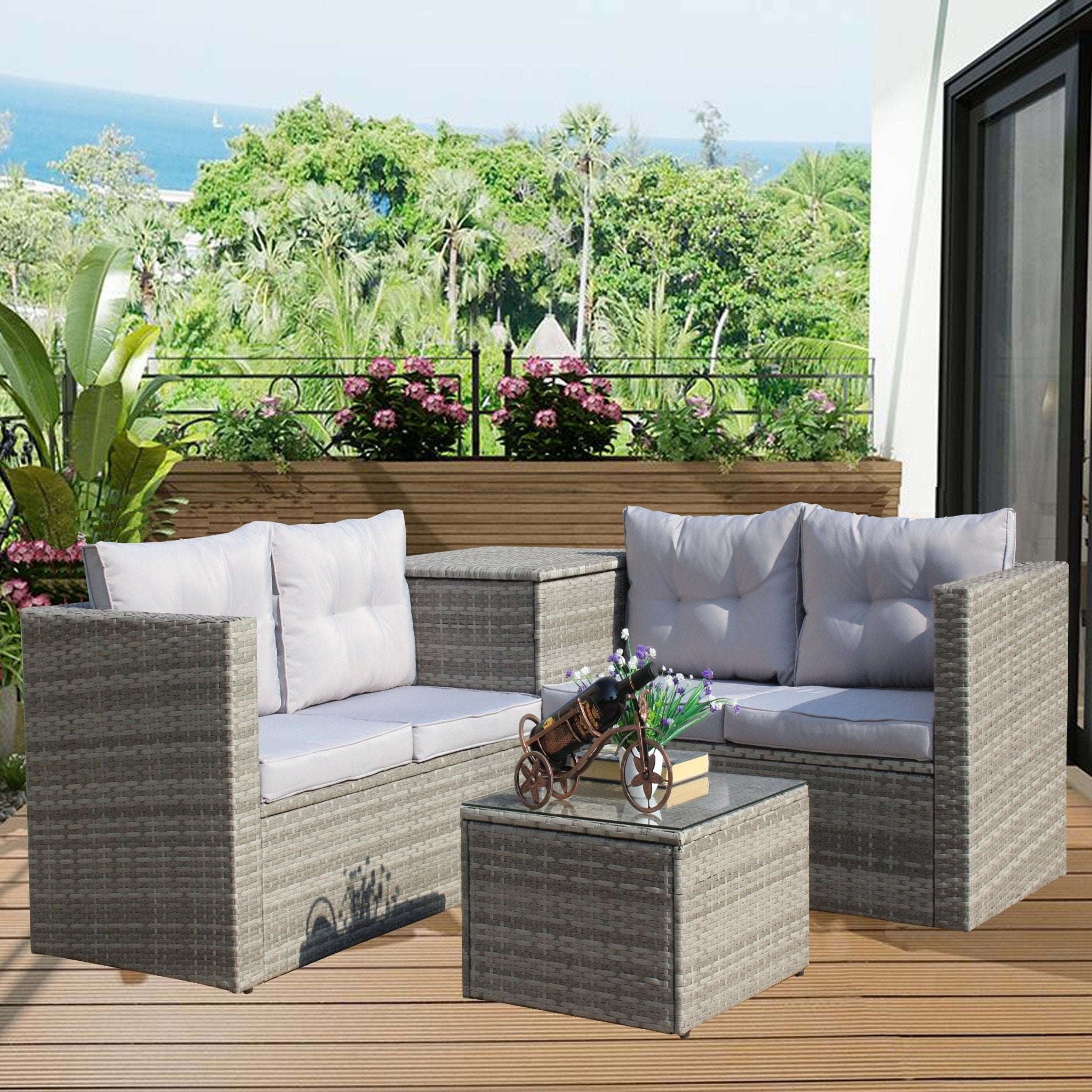 4 Piece Patio Sectional Wicker Rattan Outdoor Furniture Sofa Set with Storage Box Grey - Tuesday Morning - Outdoor Furniture Sets