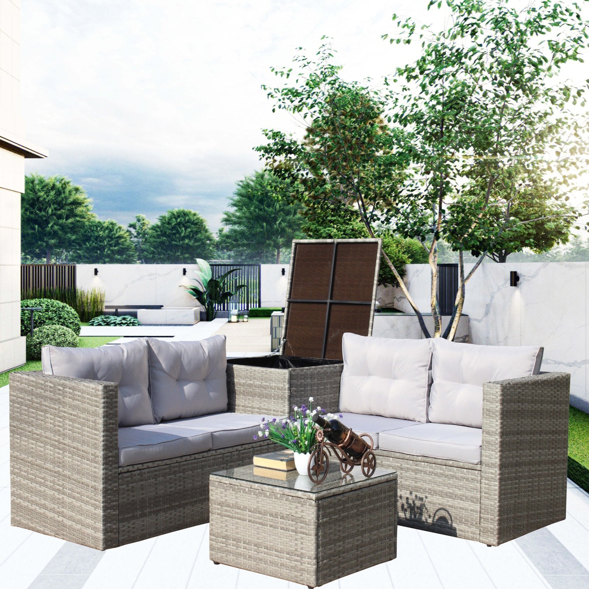 4 Piece Patio Sectional Wicker Rattan Outdoor Furniture Sofa Set with Storage Box Grey - Tuesday Morning - Outdoor Furniture Sets