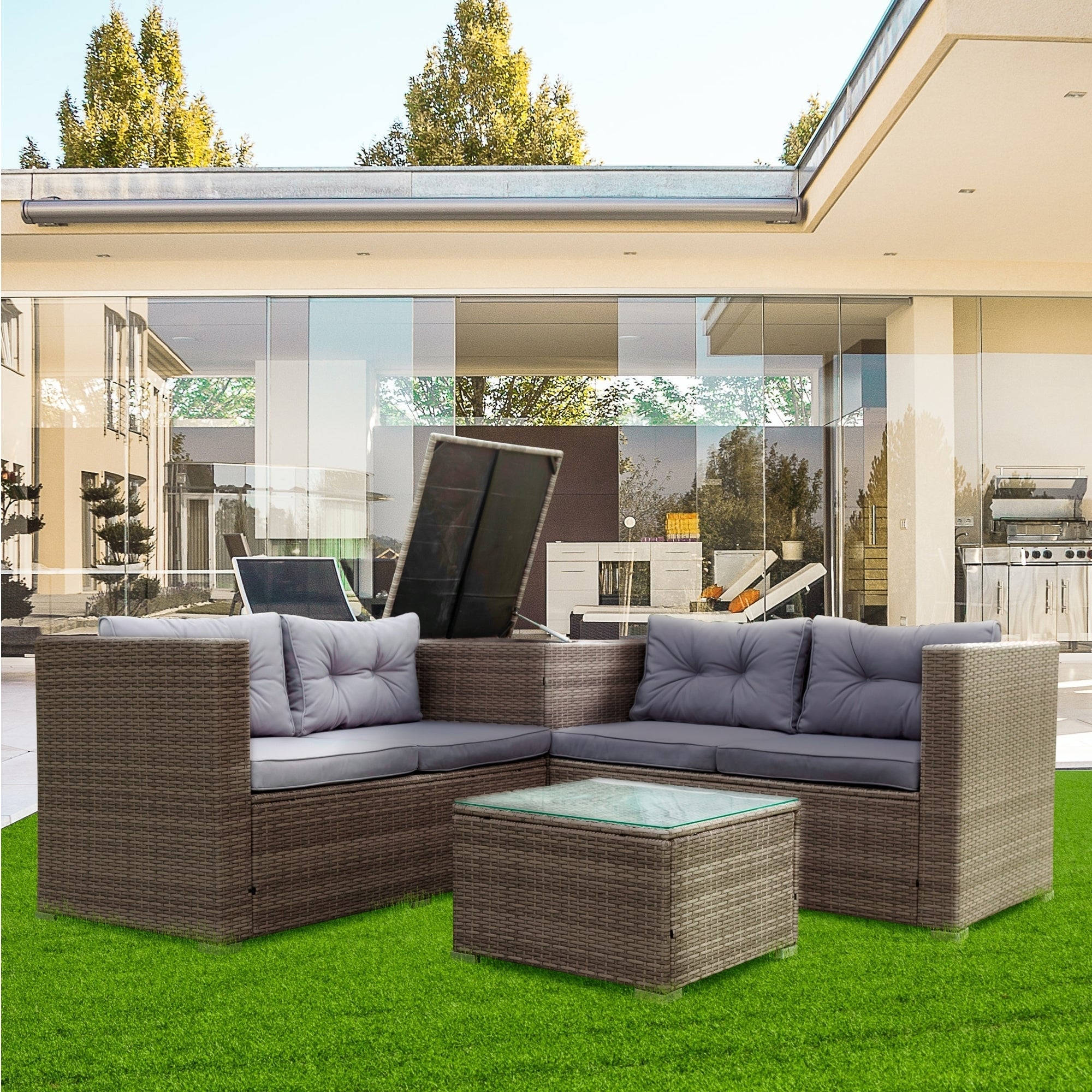 4 Piece Patio Sectional Wicker Rattan Outdoor Furniture Sofa Set with Storage Box Grey - Tuesday Morning - Outdoor Furniture Sets