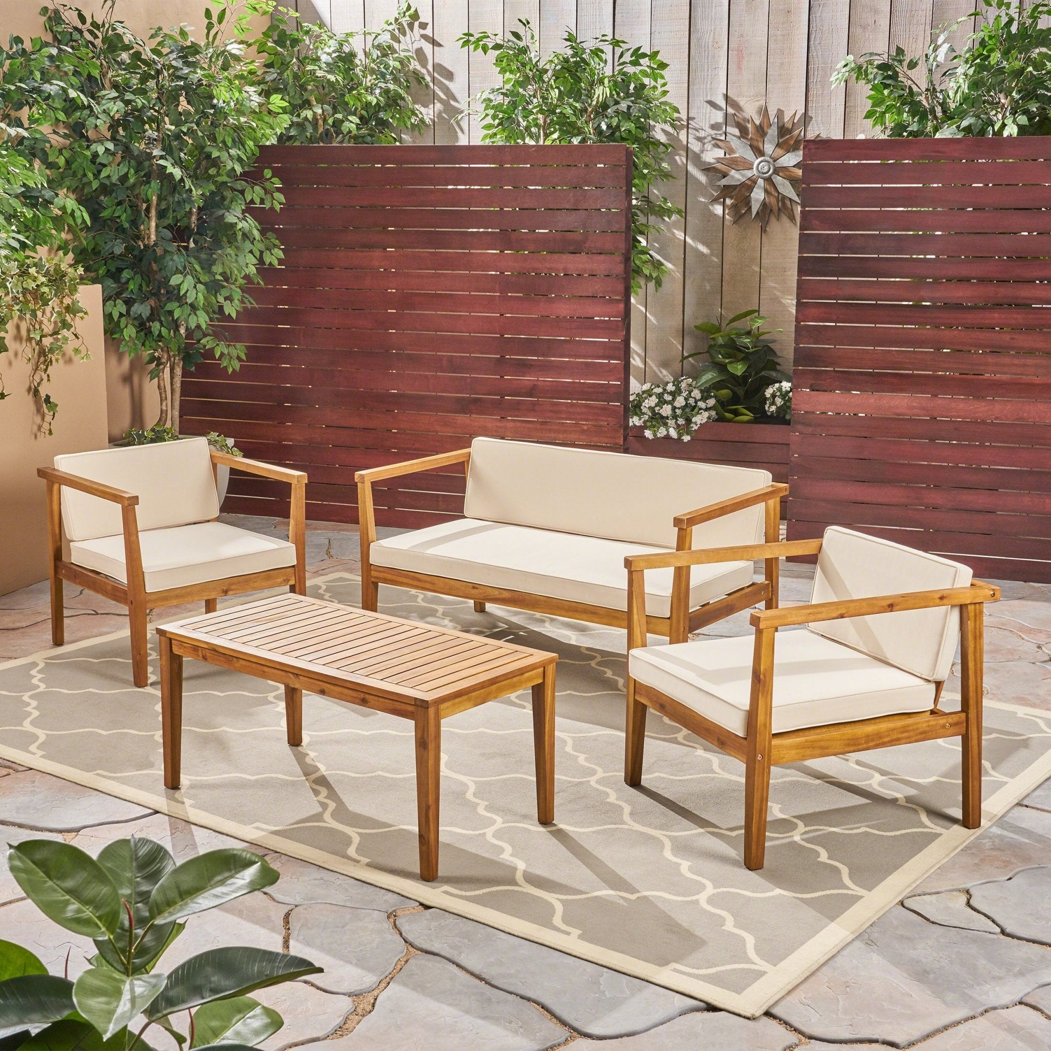 4 - Seater Acacia Wood Chat Set with Coffee Table with Cushions, Teak and Beige by Christopher Knight Home - Tuesday Morning - Outdoor Furniture Sets