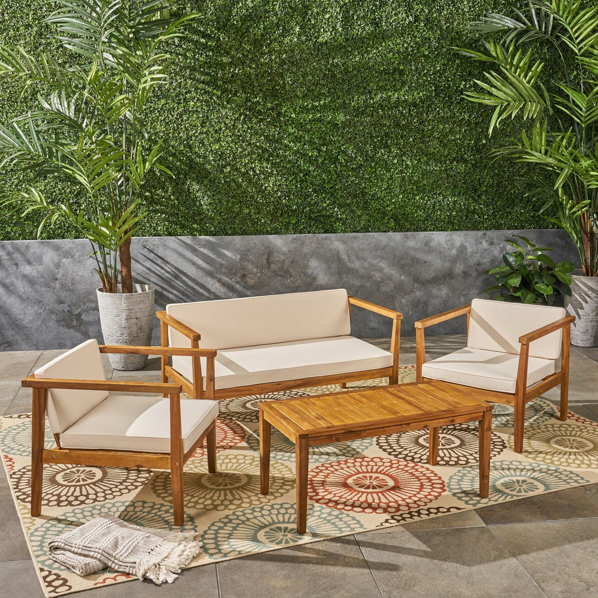 4 - Seater Acacia Wood Chat Set with Coffee Table with Cushions, Teak and Beige by Christopher Knight Home - Tuesday Morning - Outdoor Furniture Sets