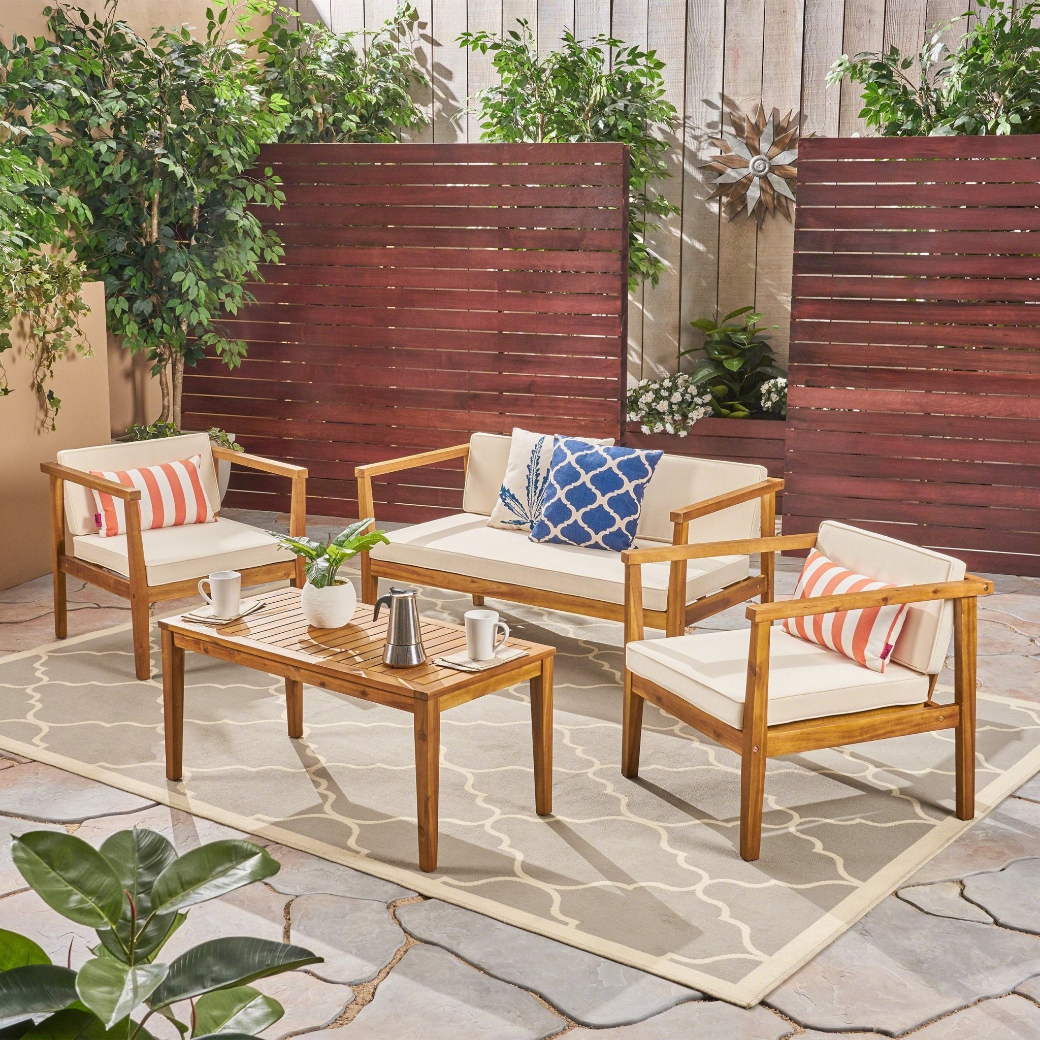 4 - Seater Acacia Wood Chat Set with Coffee Table with Cushions, Teak and Beige by Christopher Knight Home - Tuesday Morning - Outdoor Furniture Sets