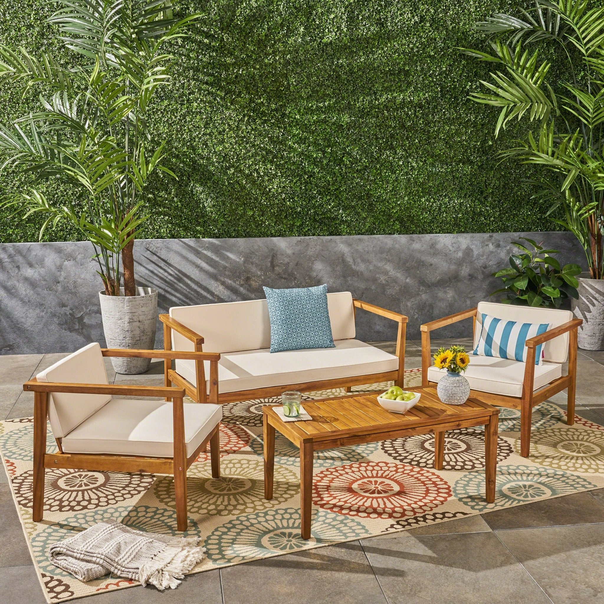 4 - Seater Acacia Wood Chat Set with Coffee Table with Cushions, Teak and Beige by Christopher Knight Home - Tuesday Morning - Outdoor Furniture Sets