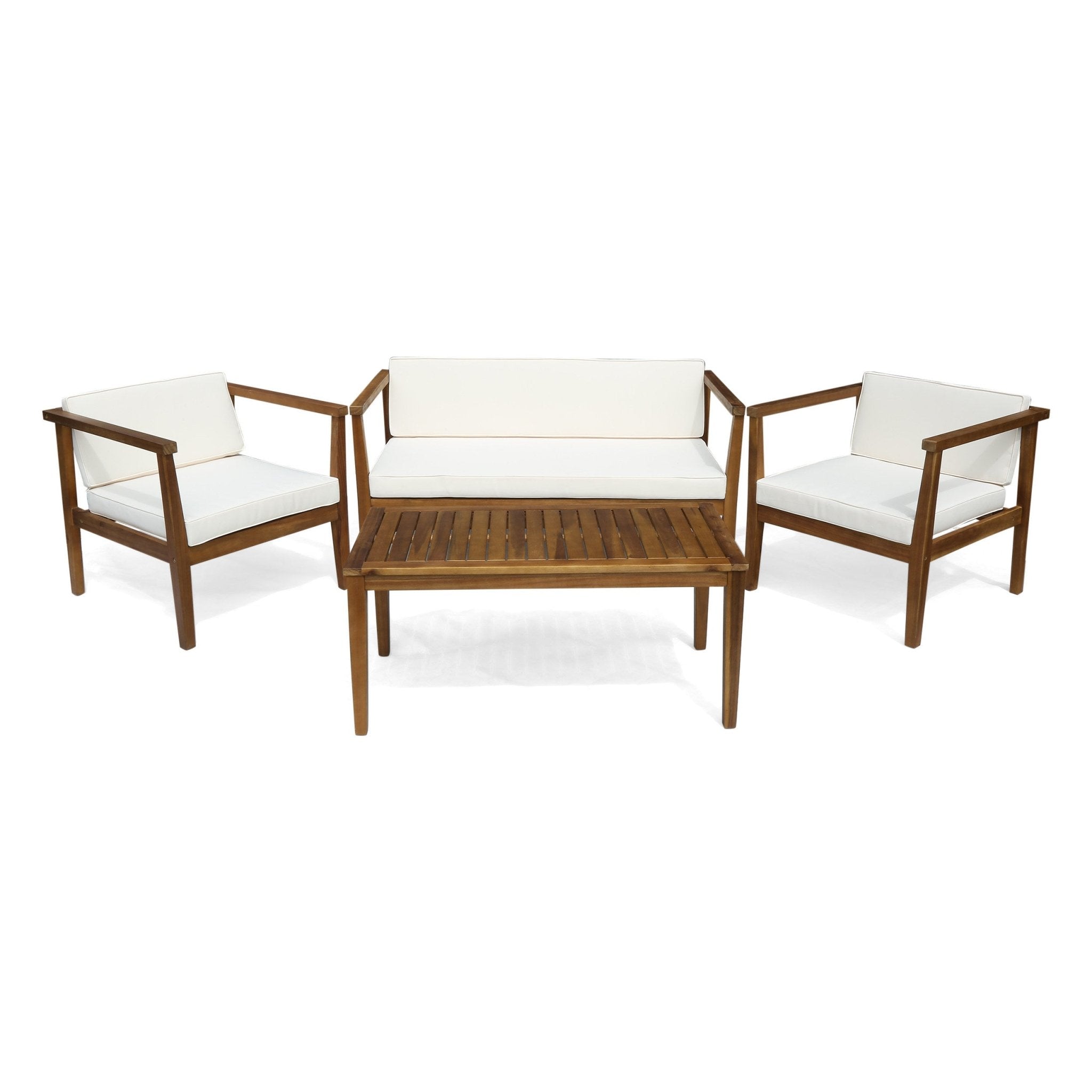 4 - Seater Acacia Wood Chat Set with Coffee Table with Cushions, Teak and Beige by Christopher Knight Home - Tuesday Morning - Outdoor Furniture Sets