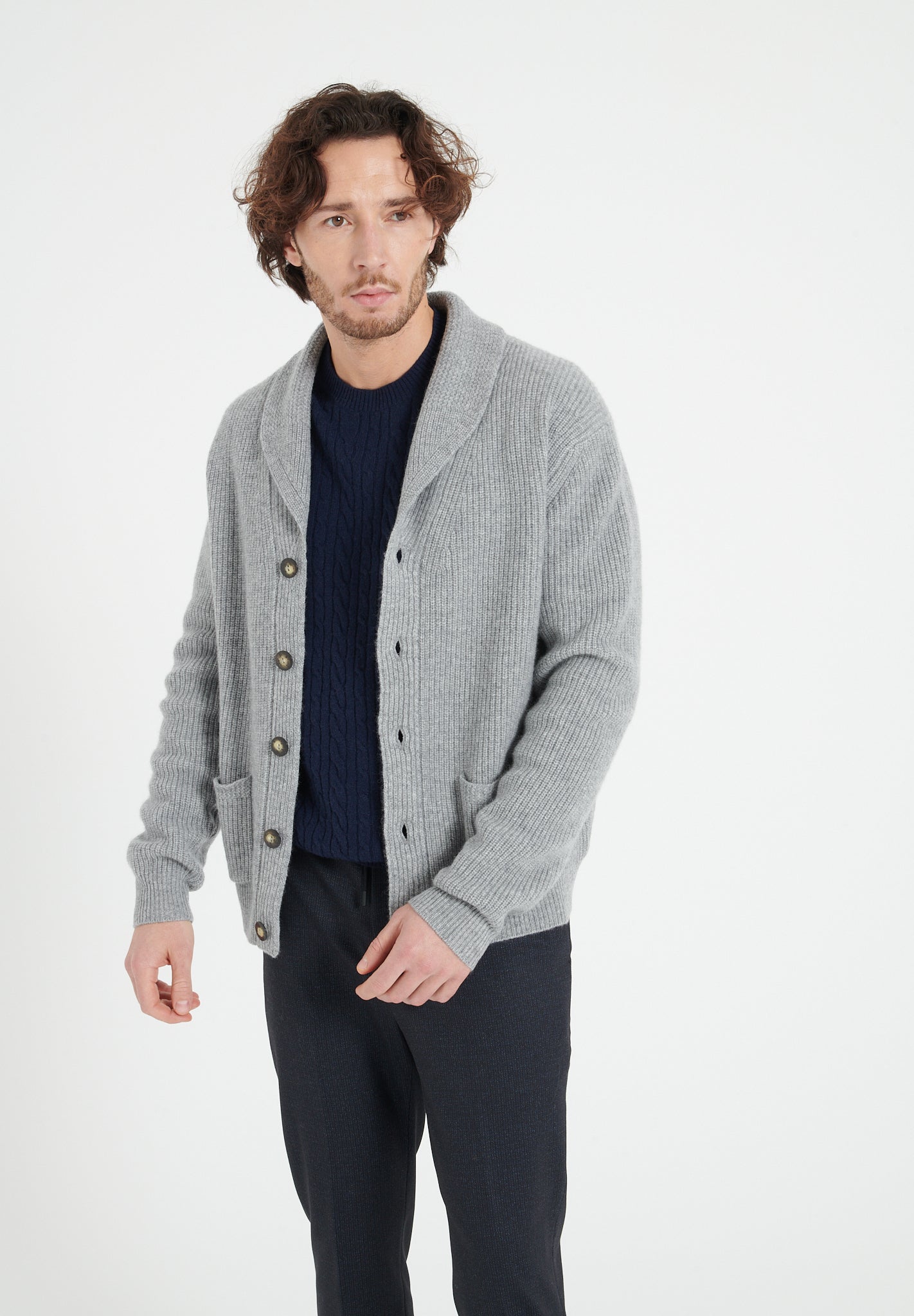 4 - thread cashmere ribbed shawl - collar cardigan light grey - Tuesday Morning - Sweaters & Hoodies