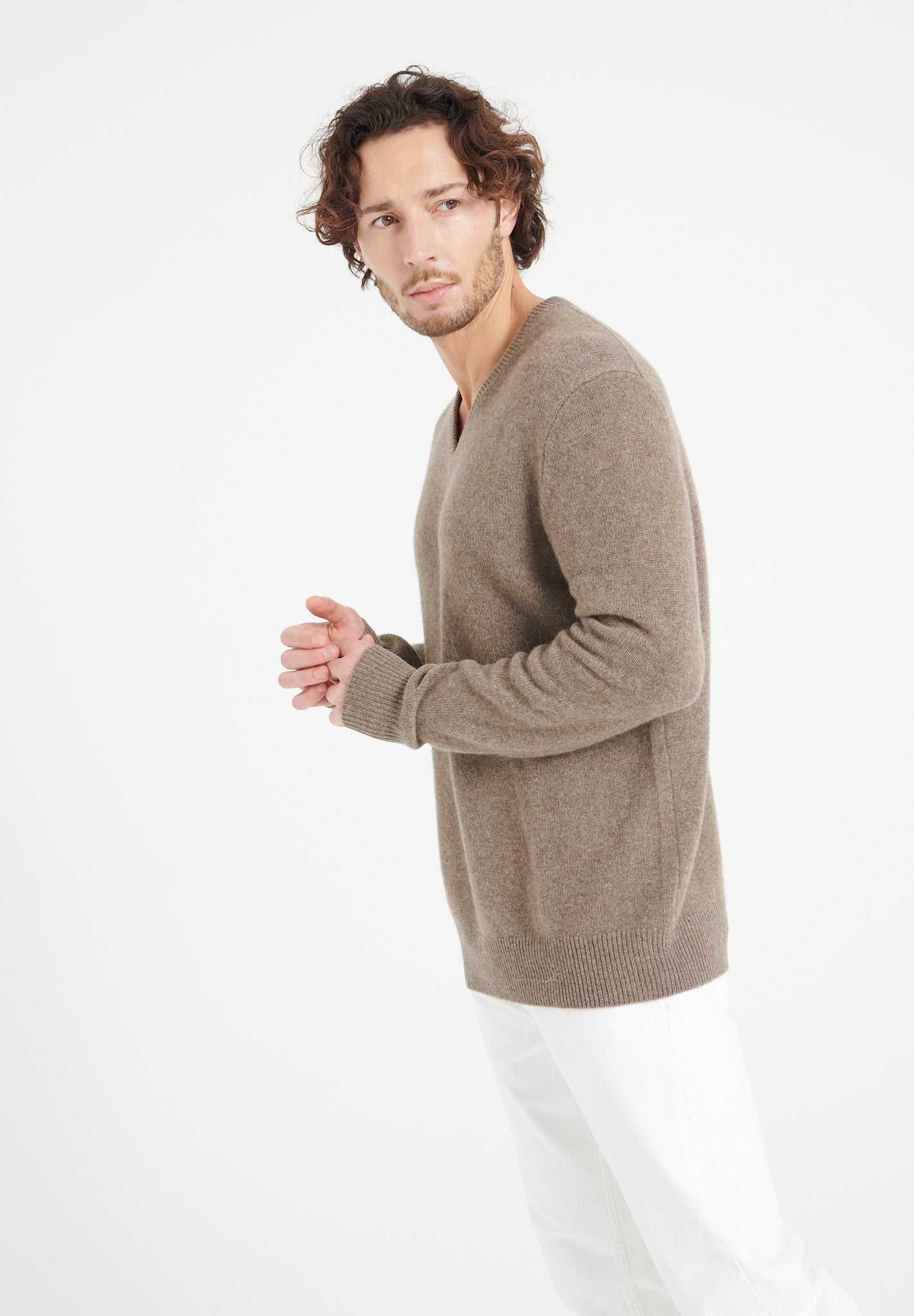 4 - thread cashmere V - neck sweater in taupe - Tuesday Morning - Sweaters & Hoodies