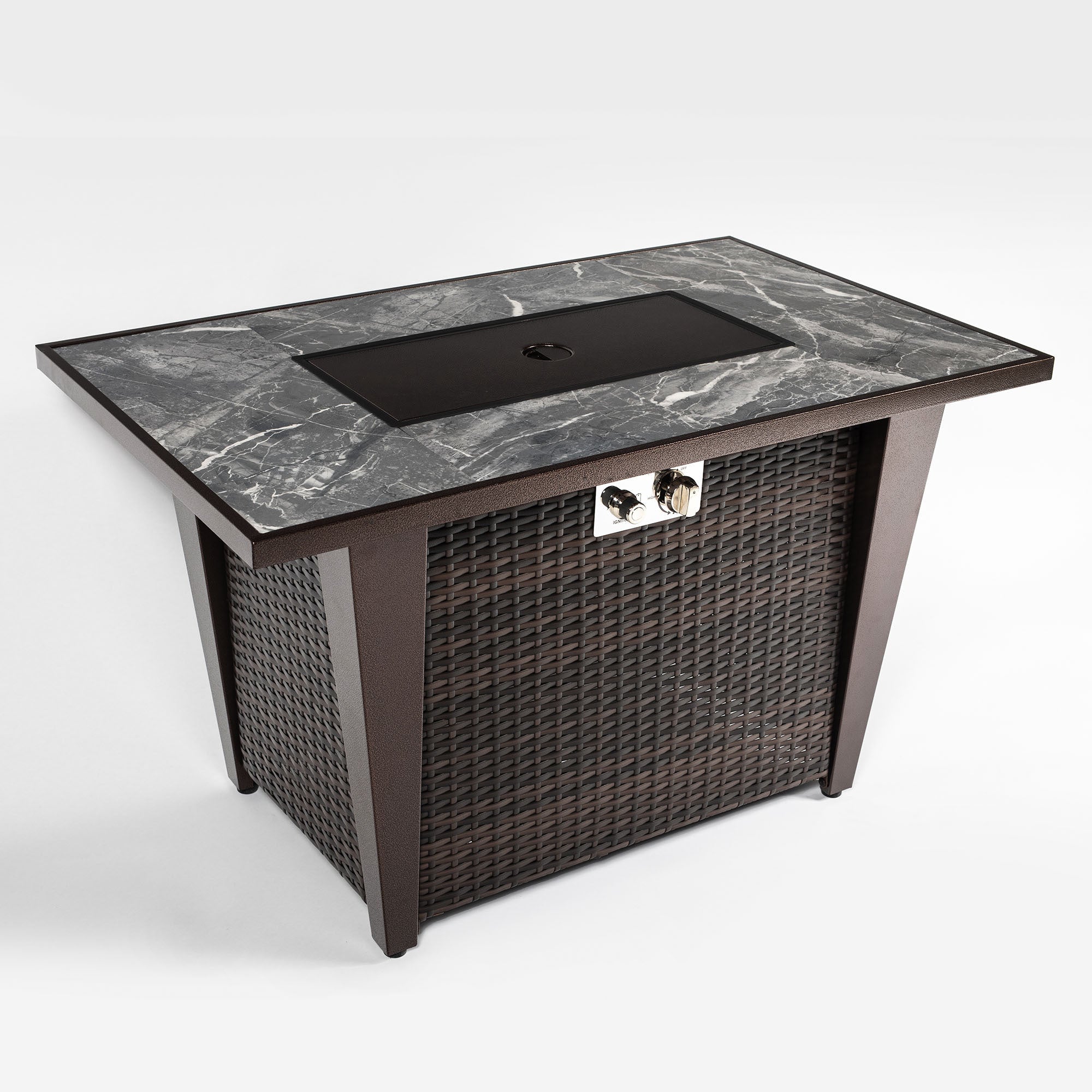 42inch Rattan Fire Pit Table with Ceramic Tile Tabletop, Glass Wind Guard and Rain cover, Lid - Tuesday Morning - Fire Pits