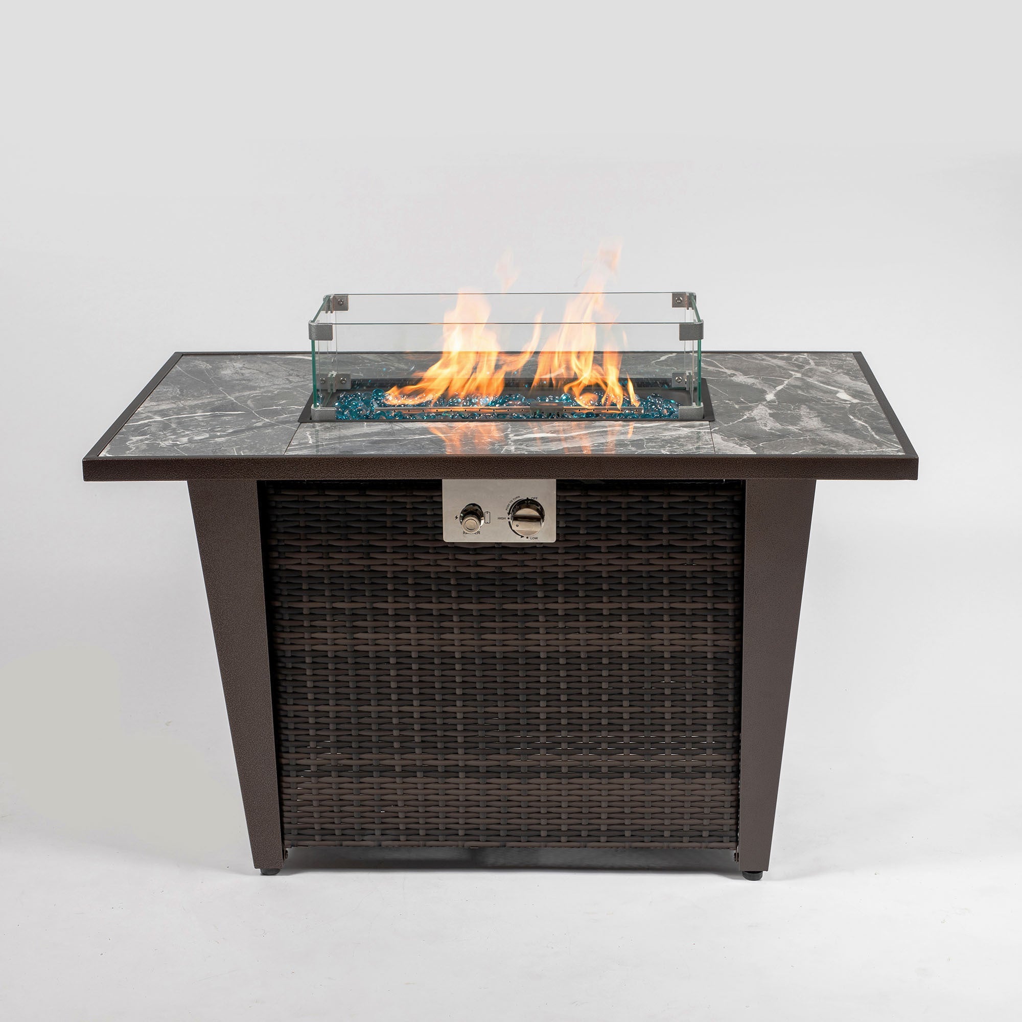 42inch Rattan Fire Pit Table with Ceramic Tile Tabletop, Glass Wind Guard and Rain cover, Lid - Tuesday Morning - Fire Pits