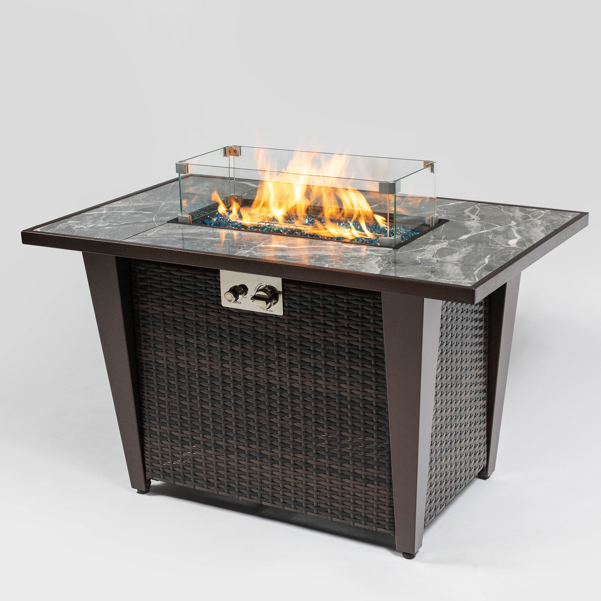 42inch Rattan Fire Pit Table with Ceramic Tile Tabletop, Glass Wind Guard and Rain cover, Lid - Tuesday Morning - Fire Pits