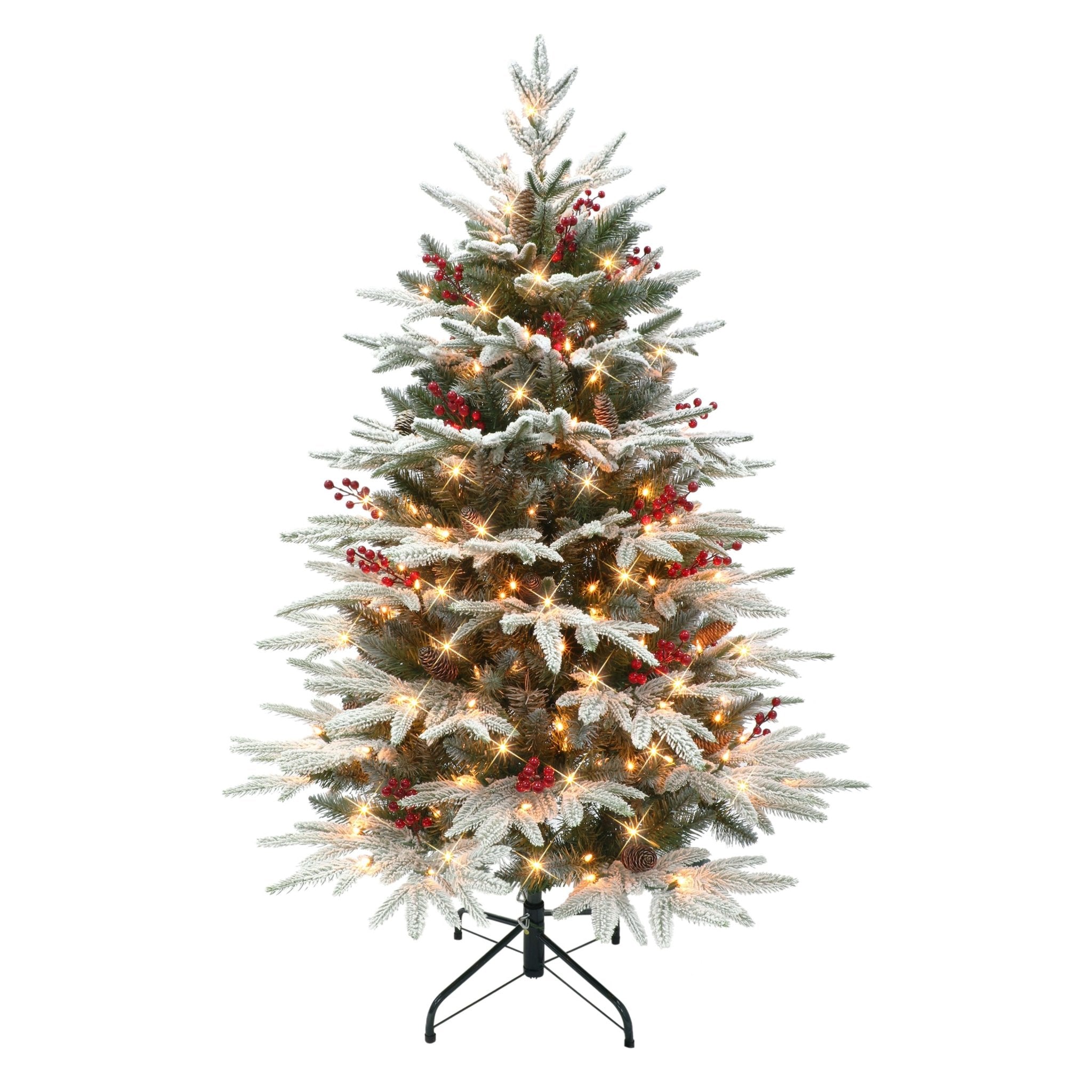 4.5 ft Pre - lit Flocked Halifax Fir Artificial Christmas Tree, 250 UL Clear Lights, Pinecones & Red Berries, Metal Stand, Green - Tuesday Morning - Faux Trees