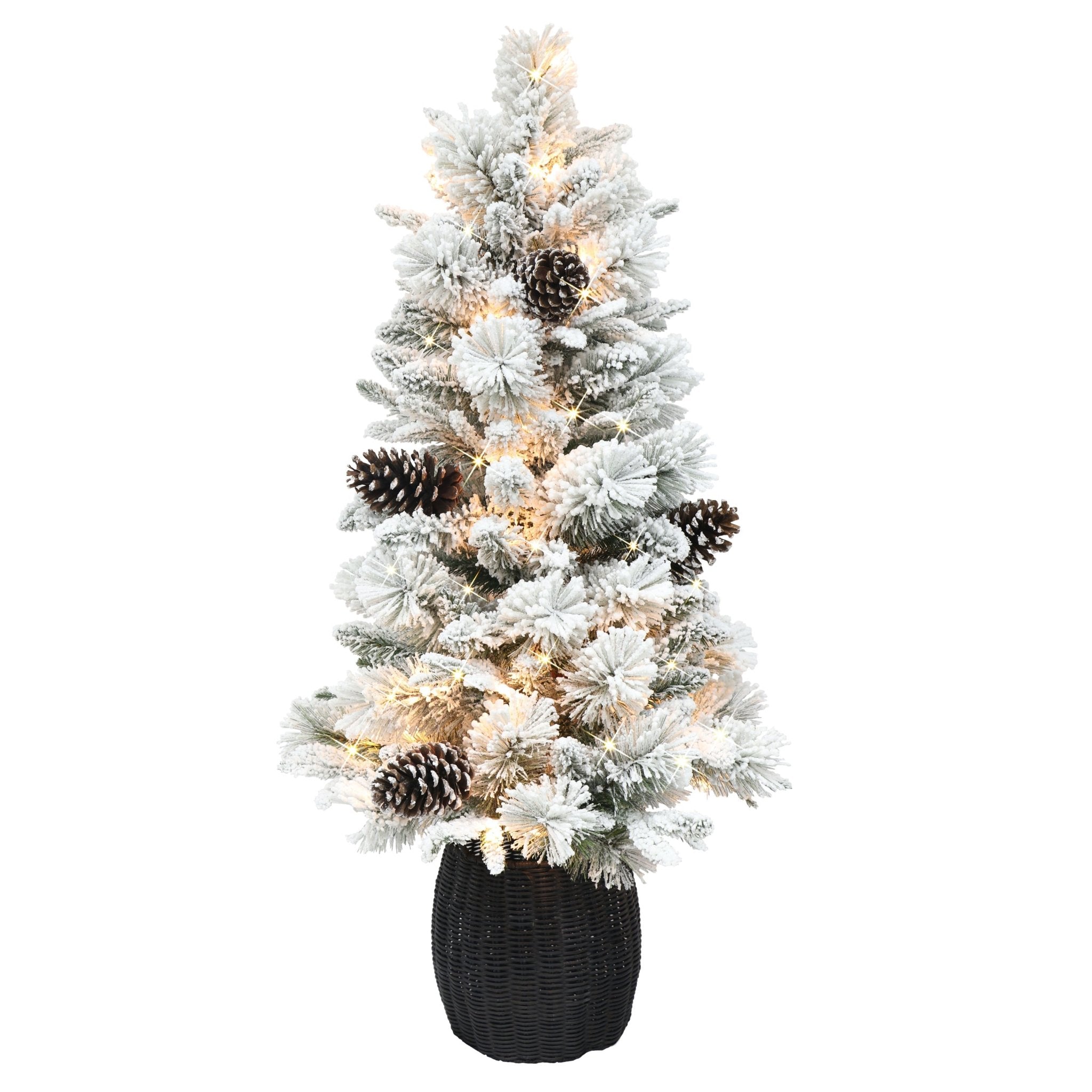 4.5 ft Pre - lit Flocked Potted Tree, 382 Tips, 100 UL Clear Lights, Plastic Rattan - look Base - Tuesday Morning - Faux Trees