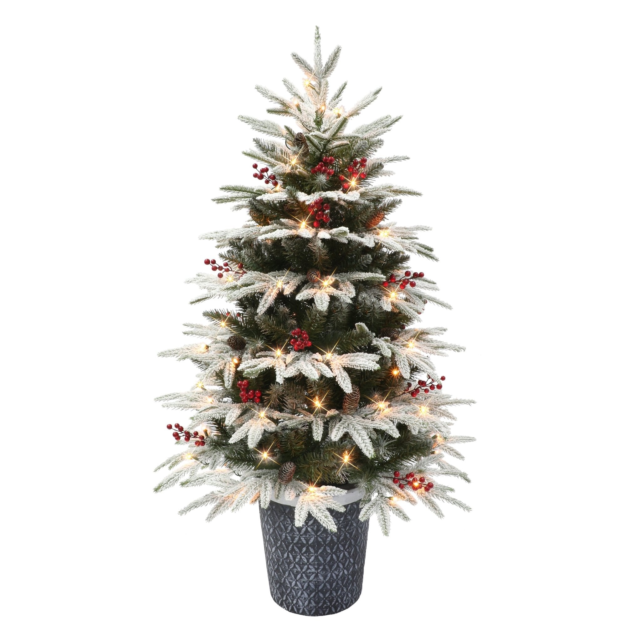 4.5 ft Pre - lit Potted Flocked Halifax Fir Artificial Christmas Tree with 70 UL Clear Lights, Pinecones & Red Berries, Green - Tuesday Morning - Faux Trees