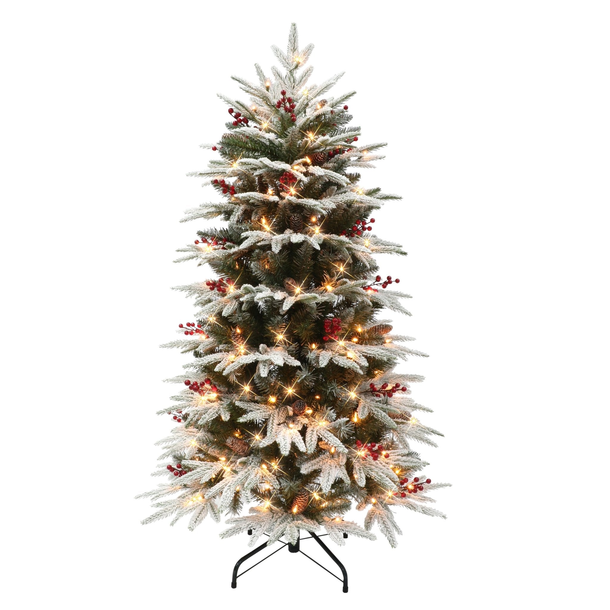 4.5 ft Pre - lit Slim Flocked Halifax Fir Artificial Christmas Tree, 200 UL Clear Lights, Pinecones & Red Berries, Metal Stand, Green - Tuesday Morning - Faux Trees