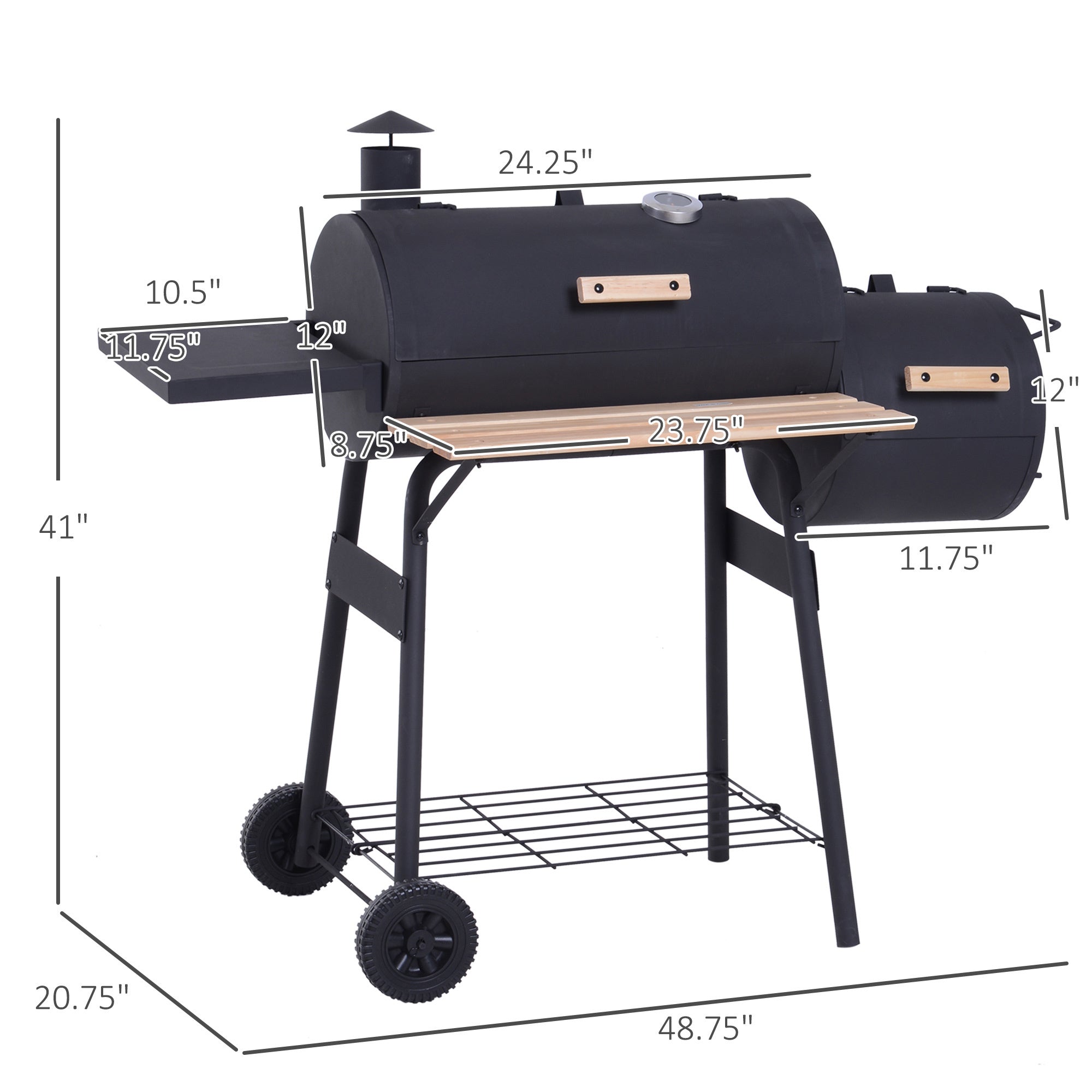 48 Steel Portable Backyard Charcoal BBQ Grill and Offset Smoker Combo with Wheels - Tuesday Morning - Grills