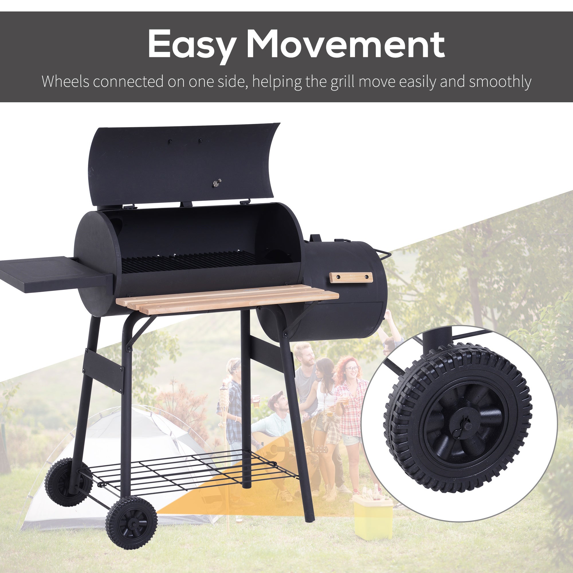 48 Steel Portable Backyard Charcoal BBQ Grill and Offset Smoker Combo with Wheels - Tuesday Morning - Grills