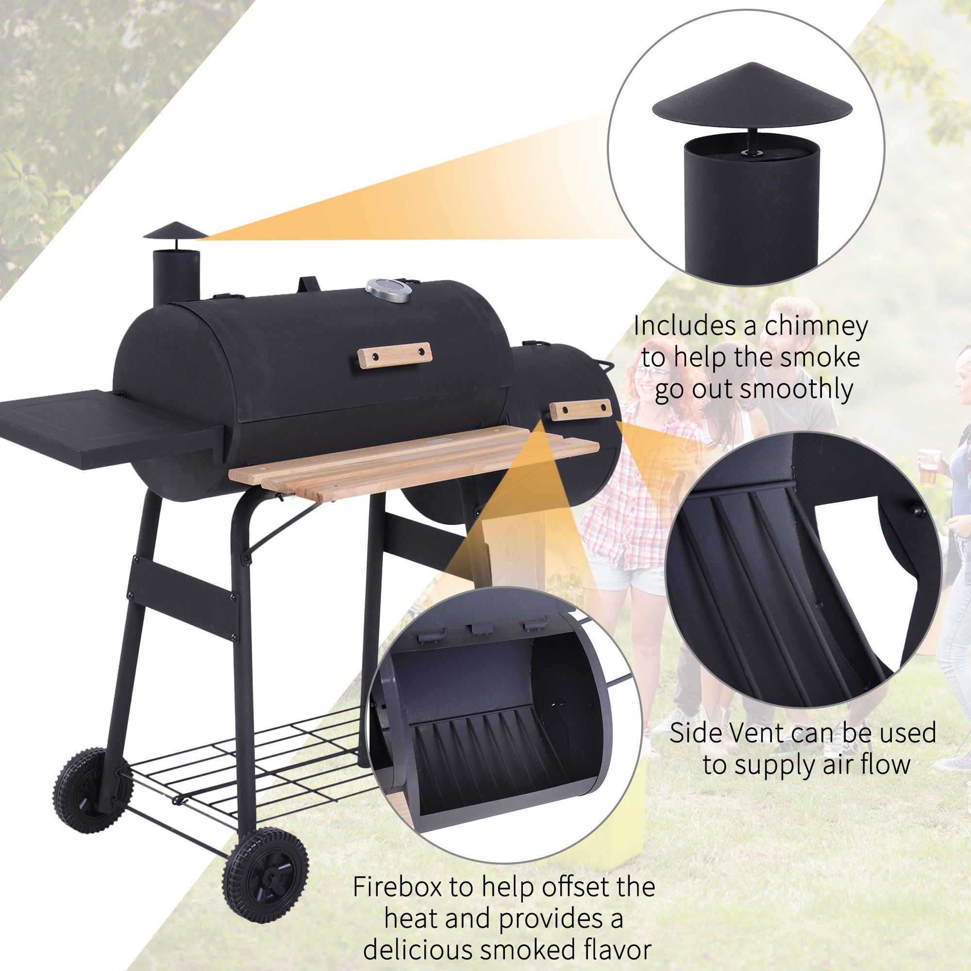 48 Steel Portable Backyard Charcoal BBQ Grill and Offset Smoker Combo with Wheels - Tuesday Morning - Grills