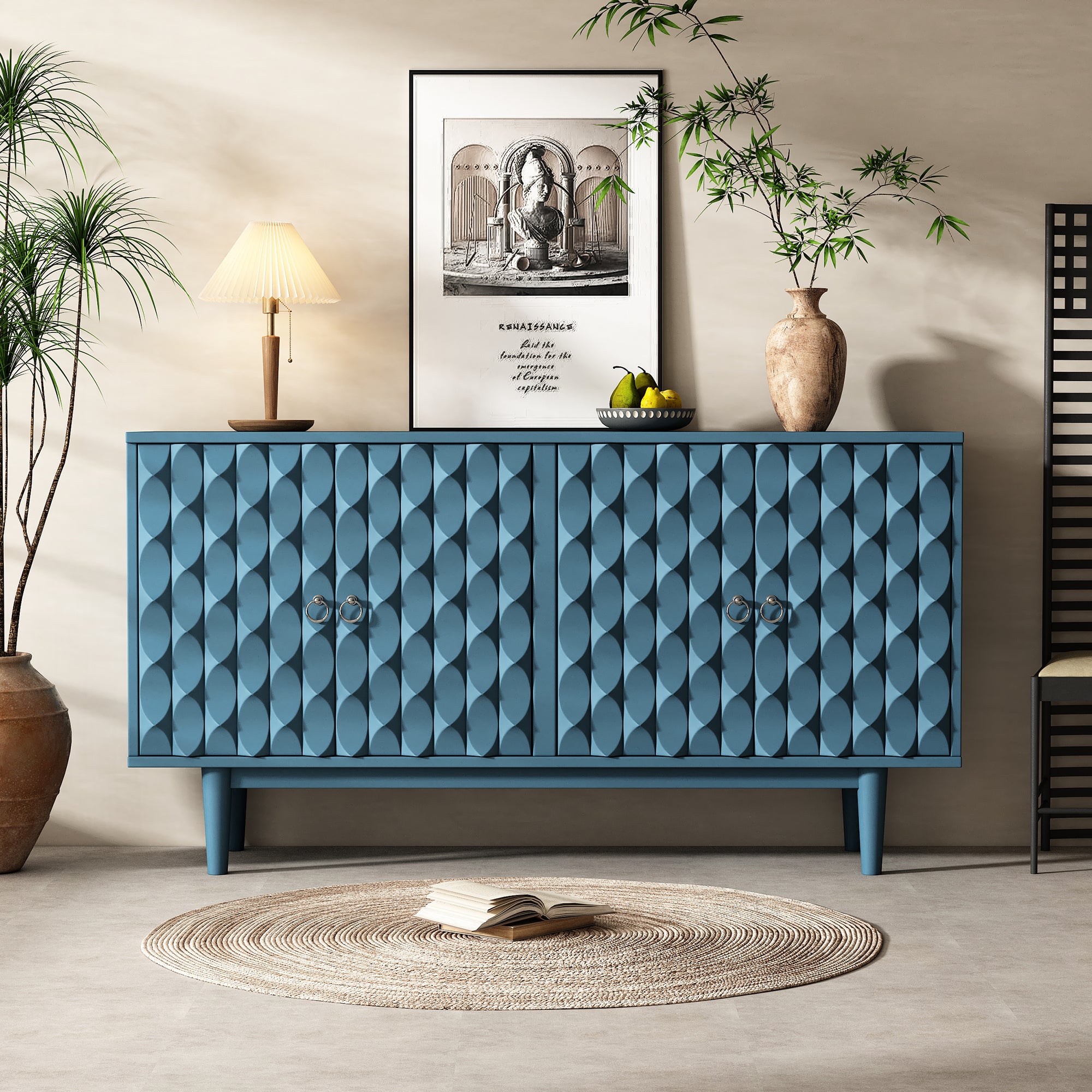 Modern 4-door Sideboard with Convex Pattern Doors (Navy)