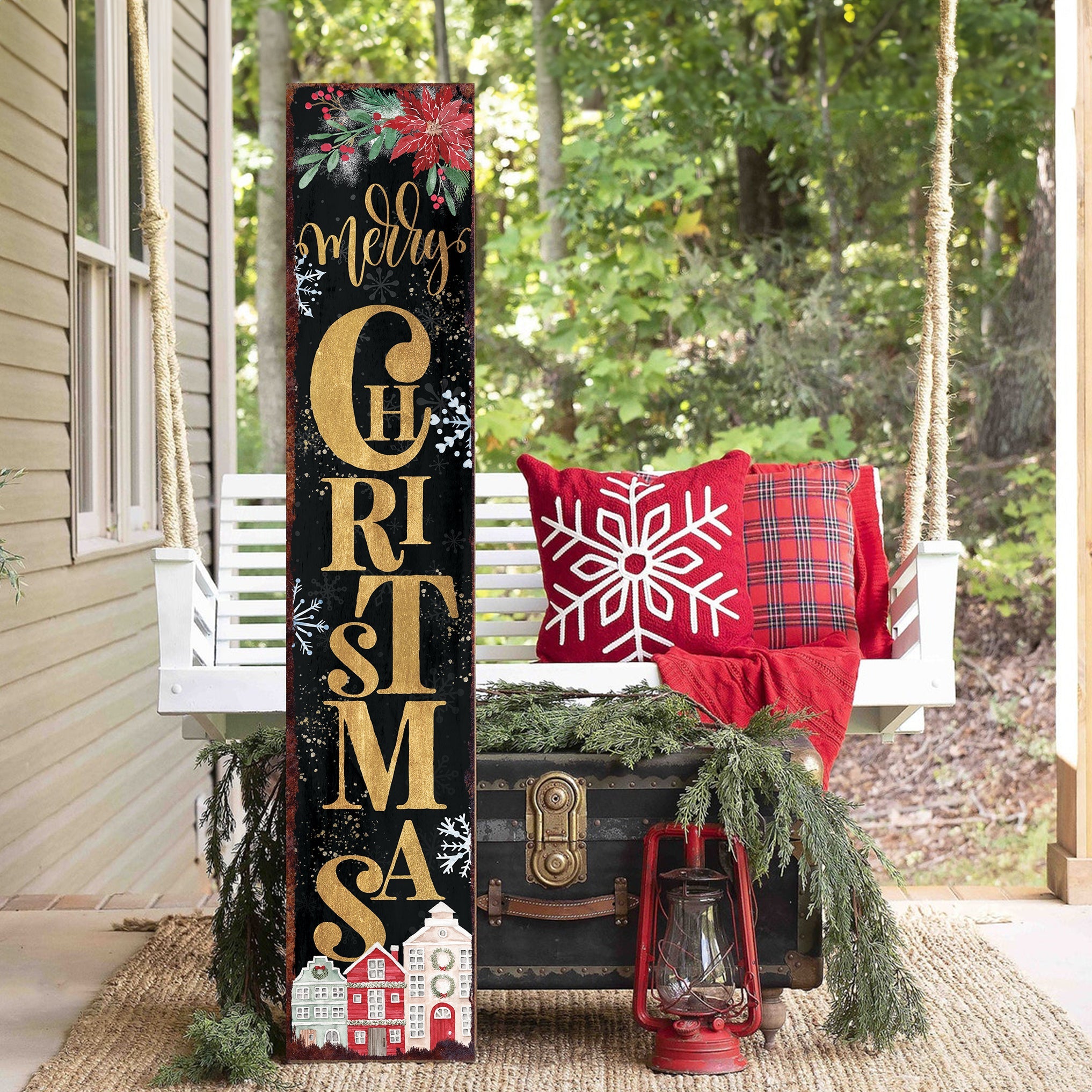 48in Merry Christmas Porch Sign - Front Porch Christmas Welcome Sign, Rustic Modern Farmhouse Entryway Board - Tuesday Morning - Wall Signs