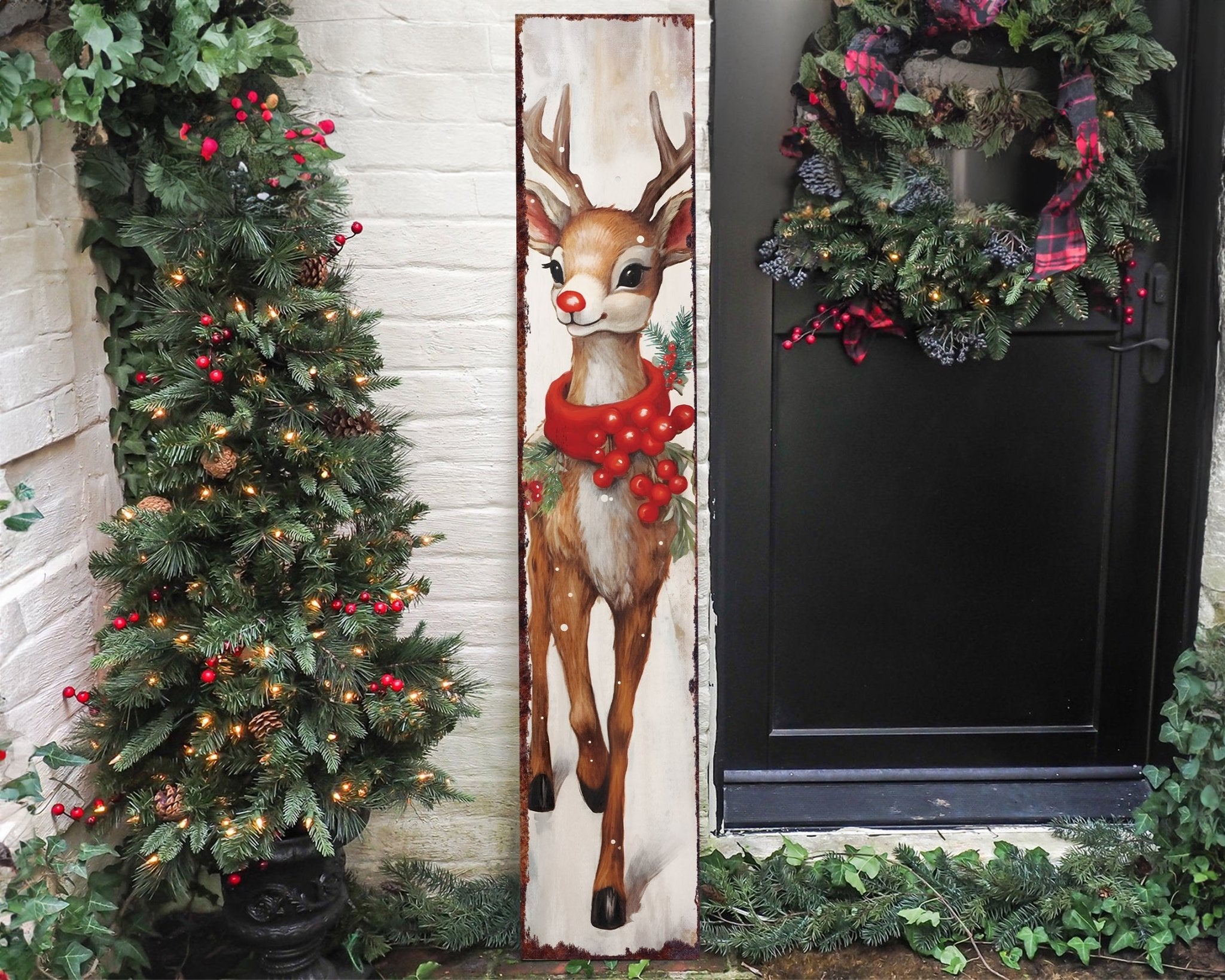 48in Rudolph Christmas Sign - Vintage Holiday Decor, Christmas Porch Decor, Vintage Reindeer Sign, Outdoor Holiday Christmas Decor - Tuesday Morning - Wall Signs