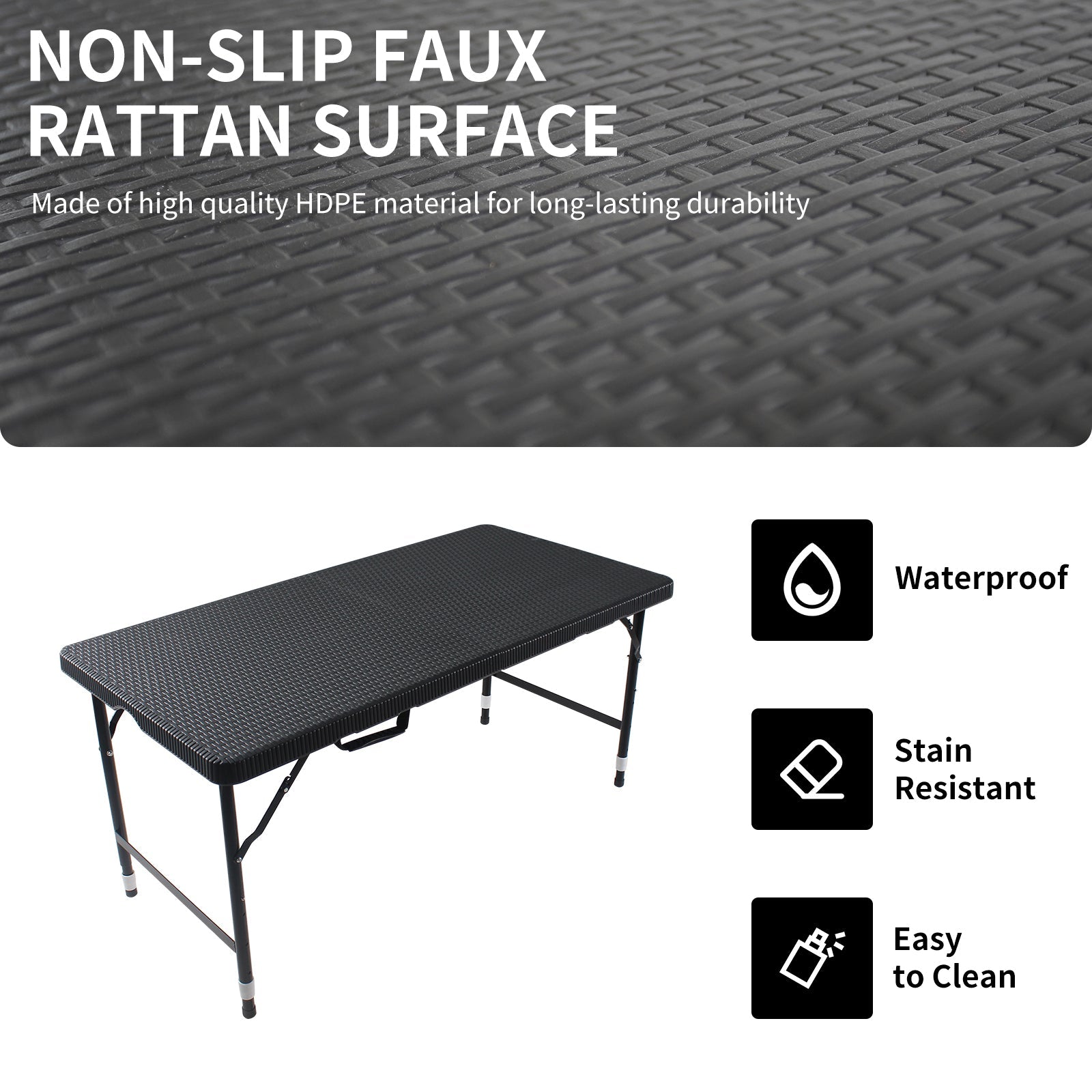 4ft Rattan Folding Table for Indoor&Outdoor, Portable Foldable Table Rattan Plaited Black - Tuesday Morning - Outdoor Tables