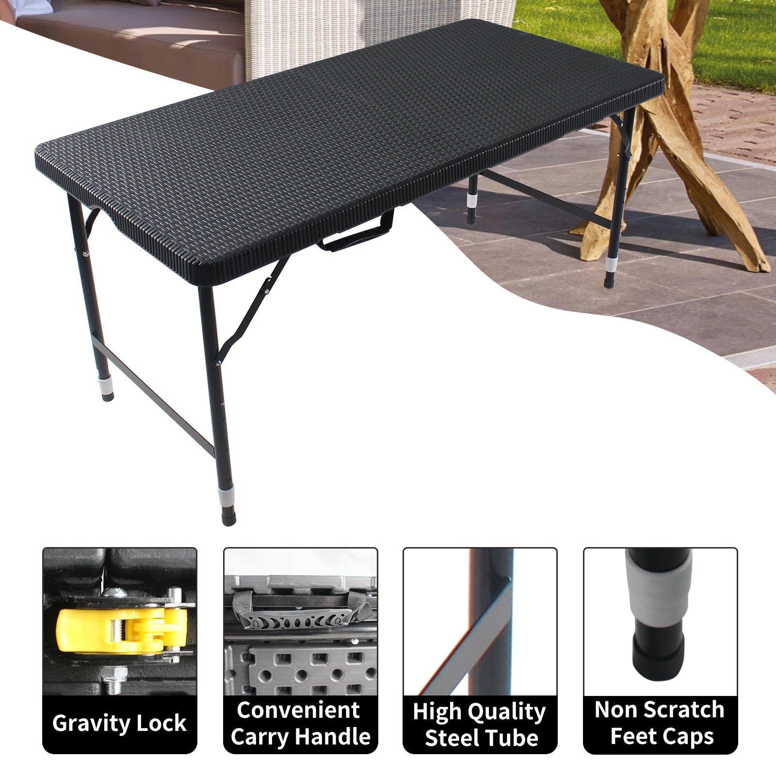 4ft Rattan Folding Table for Indoor&Outdoor, Portable Foldable Table Rattan Plaited Black - Tuesday Morning - Outdoor Tables