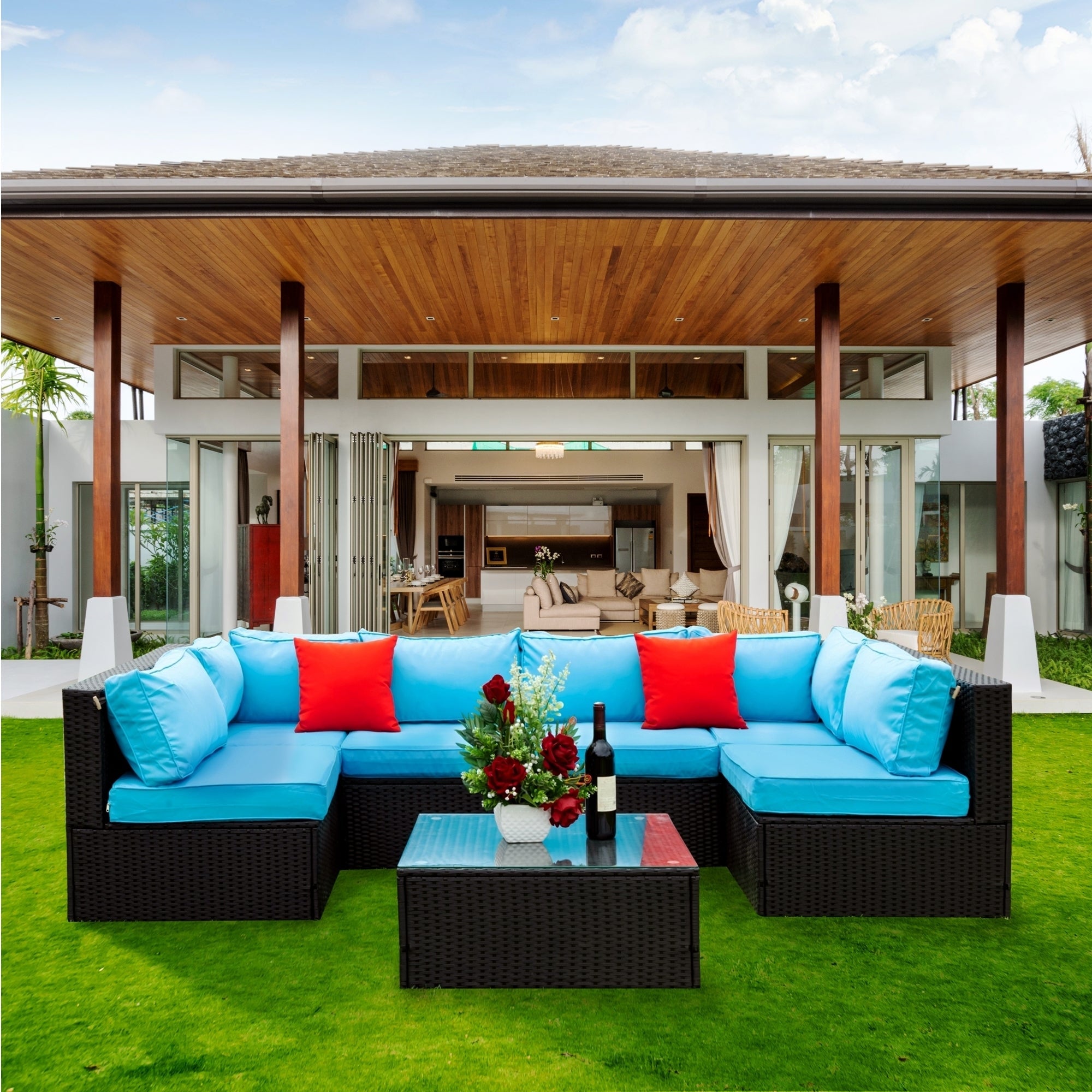 5 Pieces PE Rattan sectional Outdoor Furniture Cushioned U Sofa set with 2 Pillow - Tuesday Morning - Outdoor Furniture Sets