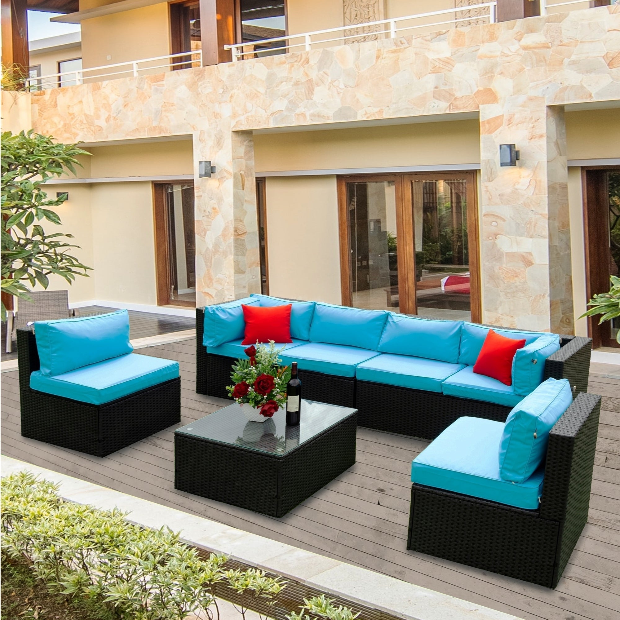 5 Pieces PE Rattan sectional Outdoor Furniture Cushioned U Sofa set with 2 Pillow - Tuesday Morning - Outdoor Furniture Sets